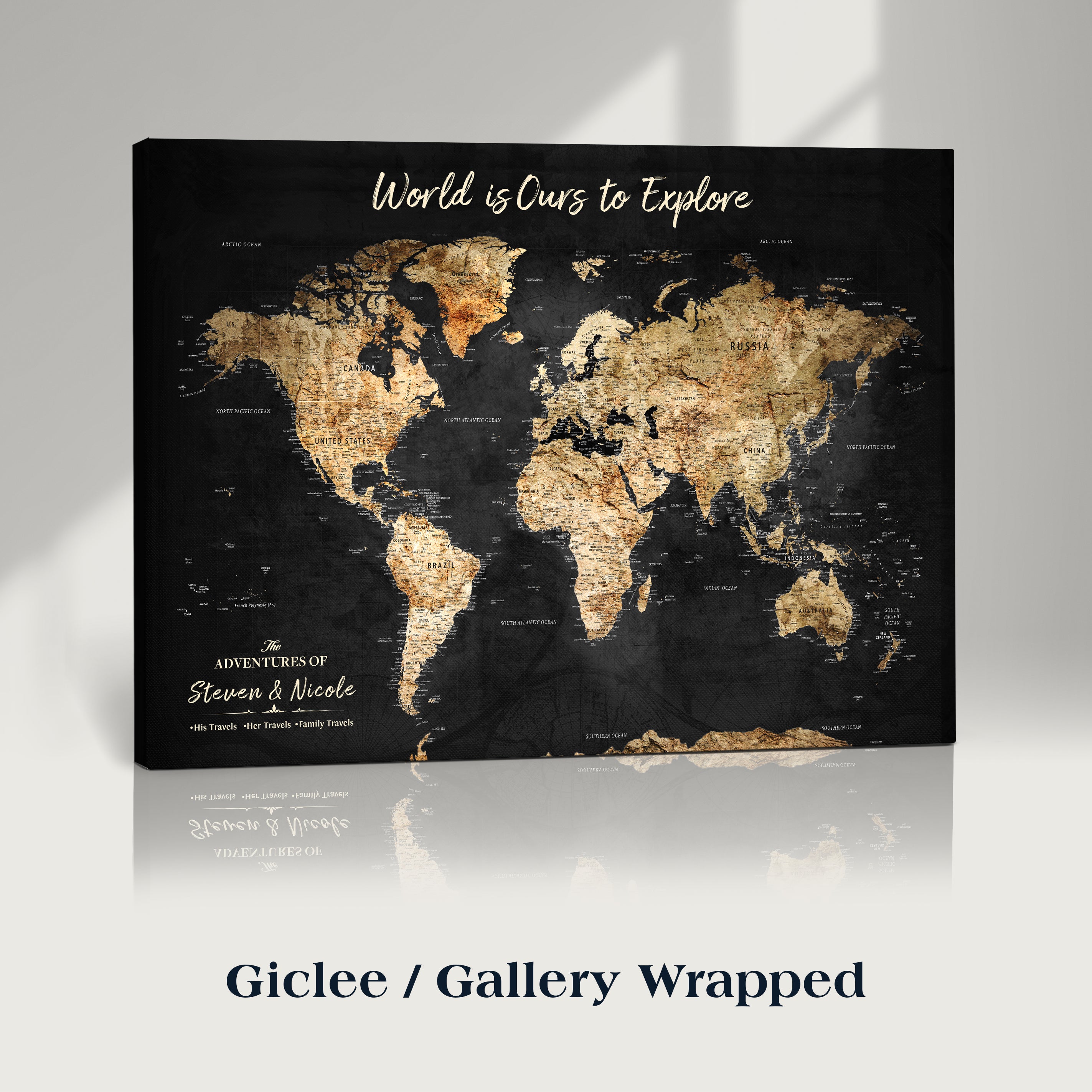 Rehber01-MGV-CV-36X24-Personalized Travel World Map Print | Customize Map with Push Pin Canvas on Foam Board | Grunge Maps Prints for Wall Decor