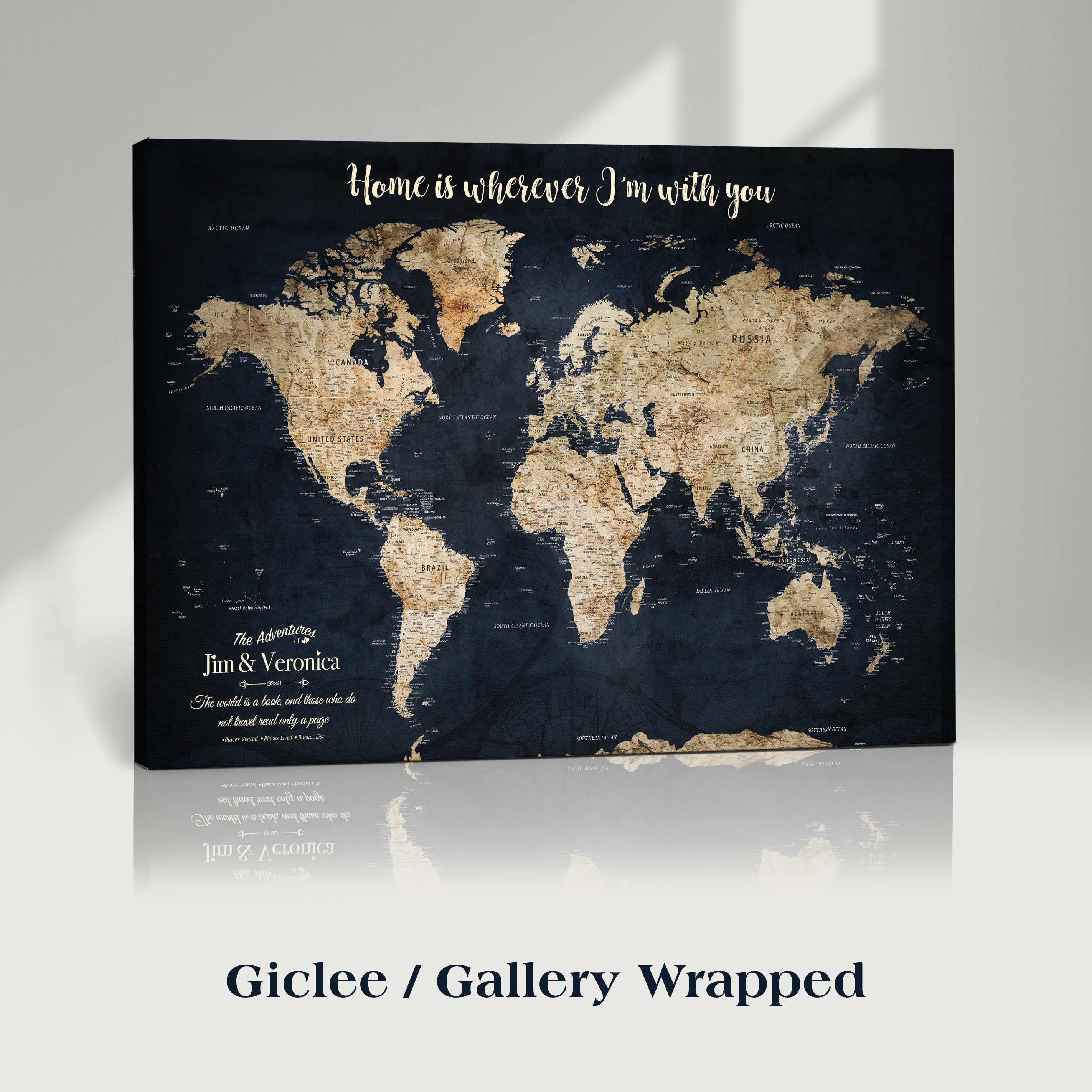 MAP502-MGV-CV-36X24-Personalized World Map Wall Art Canvas Print – Custom Push Pin Travel Map for Couples, Families, or Office Decor