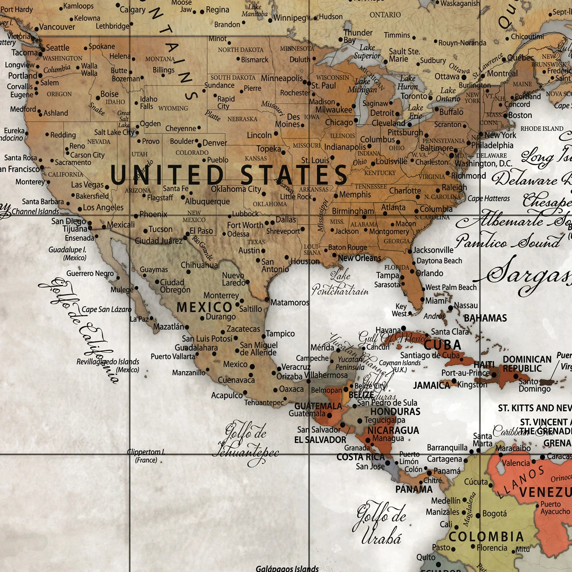 94821994-MGV-CV-36X24-Personalized Vintage Map Wall Art Canvas Print – Custom Push Pin Travel Map for Couples, Families, or Office Decor