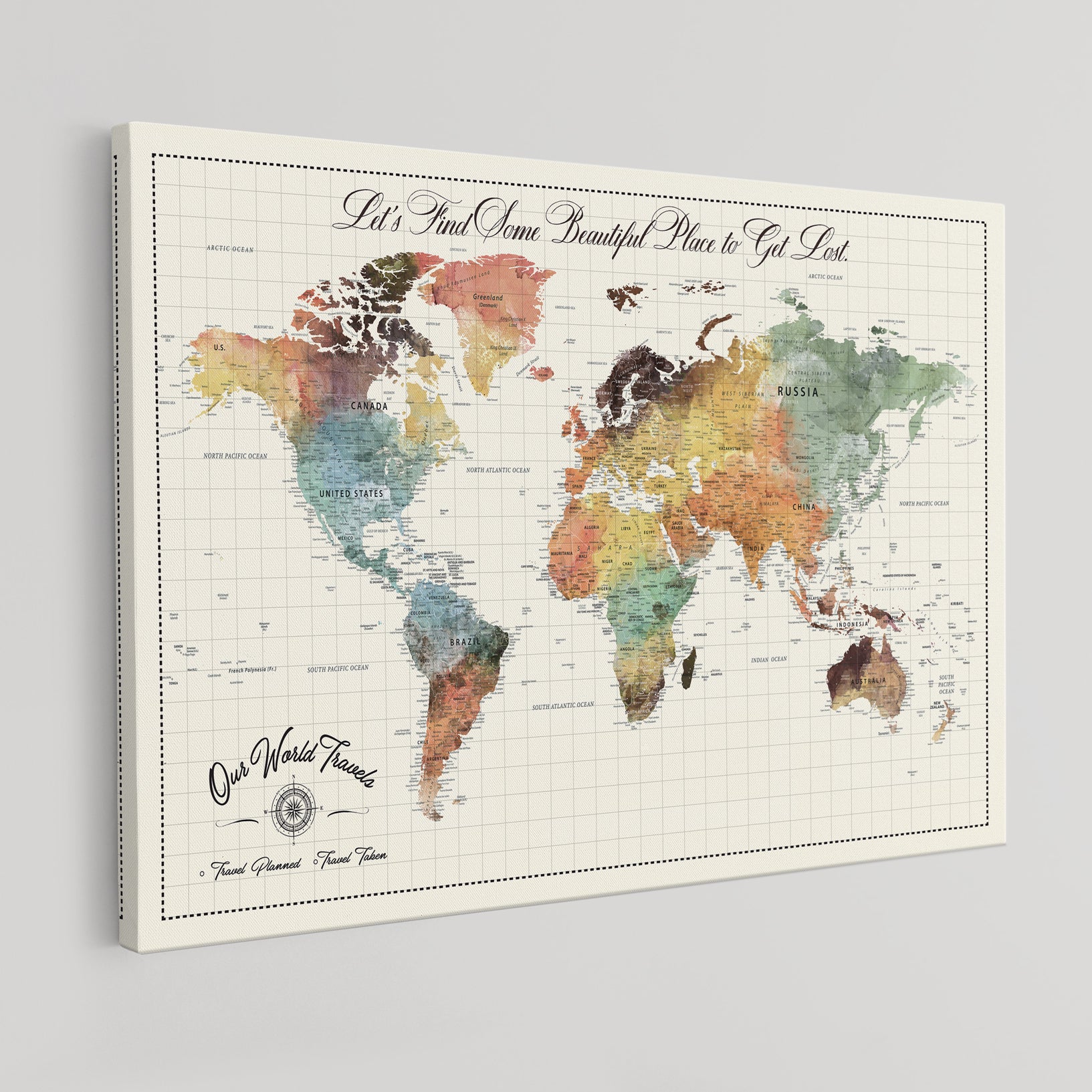 Rehber01-MGV-CV-36X24-Custom Framed World Map Canvas Print Personalized Push Pin Travel Tracker Gift for Couples for Home, Office