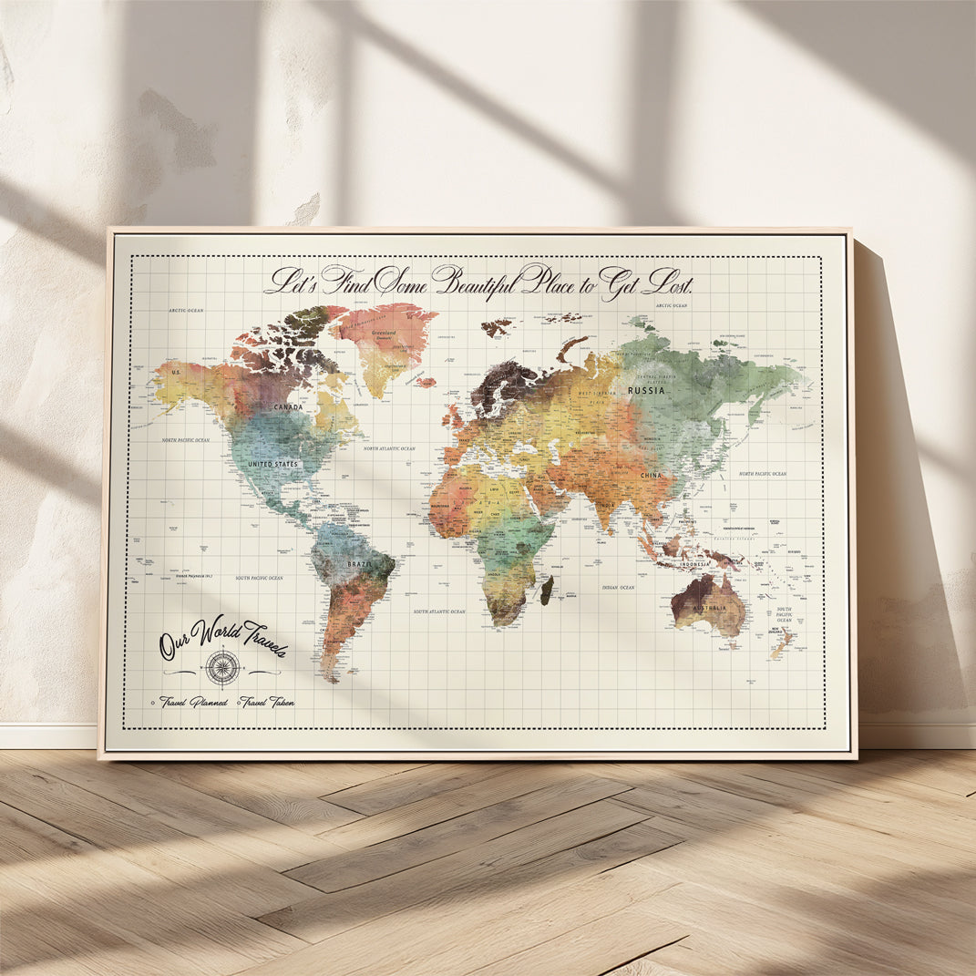 Rehber01-MGV-CV-36X24-Custom Framed World Map Canvas Print Personalized Push Pin Travel Tracker Gift for Couples for Home, Office
