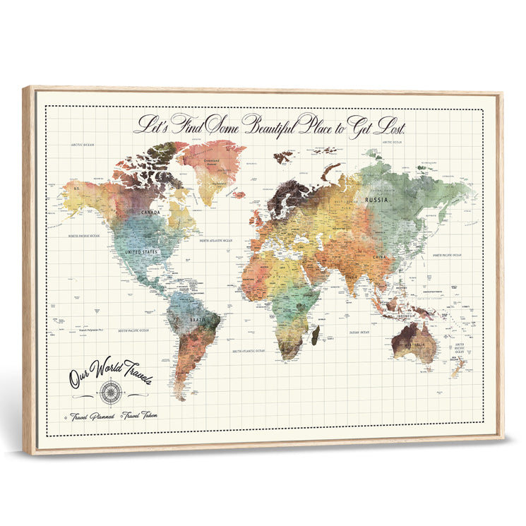 -Custom Framed World Map Canvas Print Personalized Push Pin Travel Tracker Gift for Couples for Home, Office