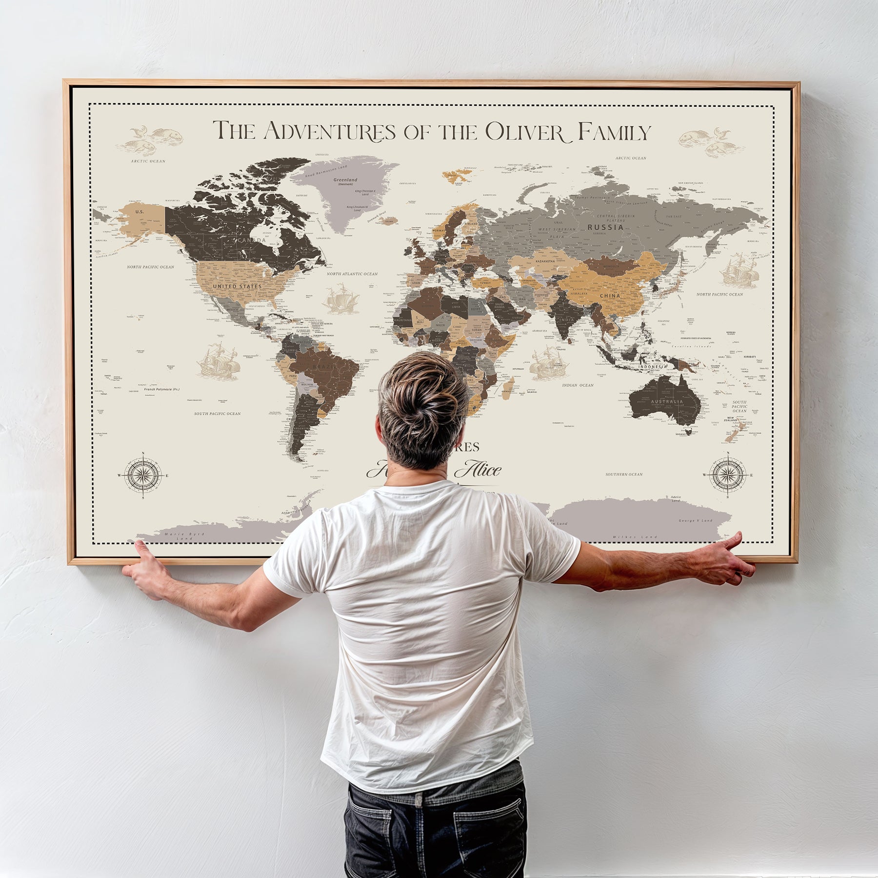 -Personalized Family Adventure World Map Canvas – Custom Framed Push Pin Travel Tracker, Wall Art Gift for Home, Office