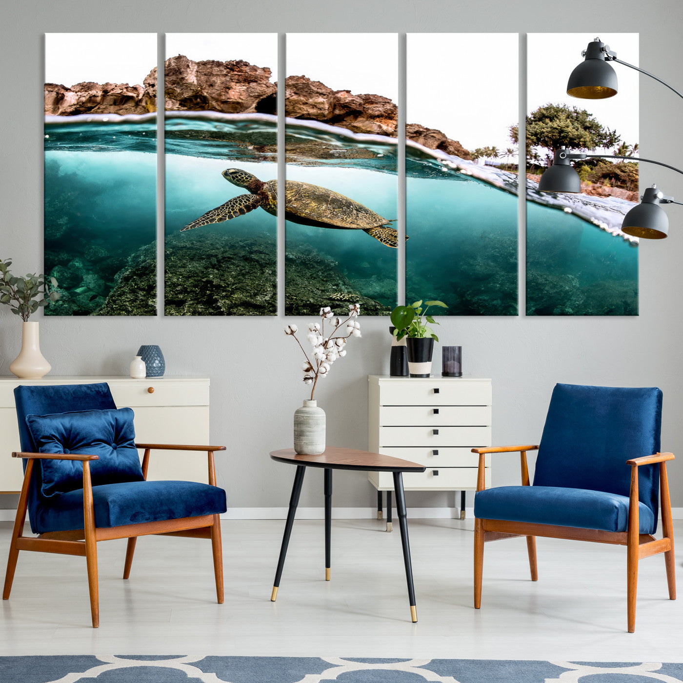 -Sea Turtle Wall Art Canvas Print, Framed Ocean Life Art Picture Print, Tropical Perfect Coastal