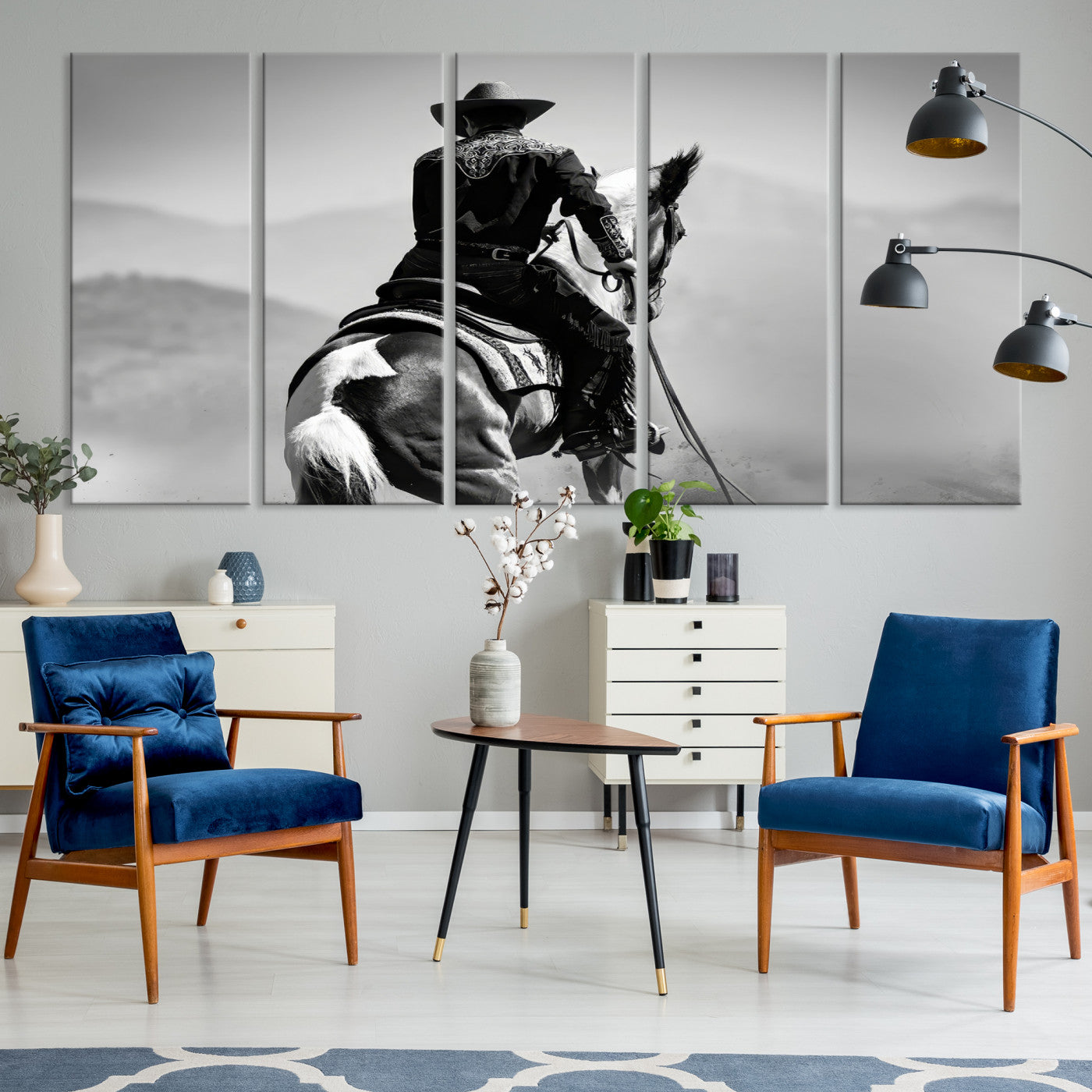 83102464-MGV-CV-36X24-Western Wall Art Canvas Print – Framed Cowboy and Horse Scene Artwork for Rustic Western Home, Office Decor