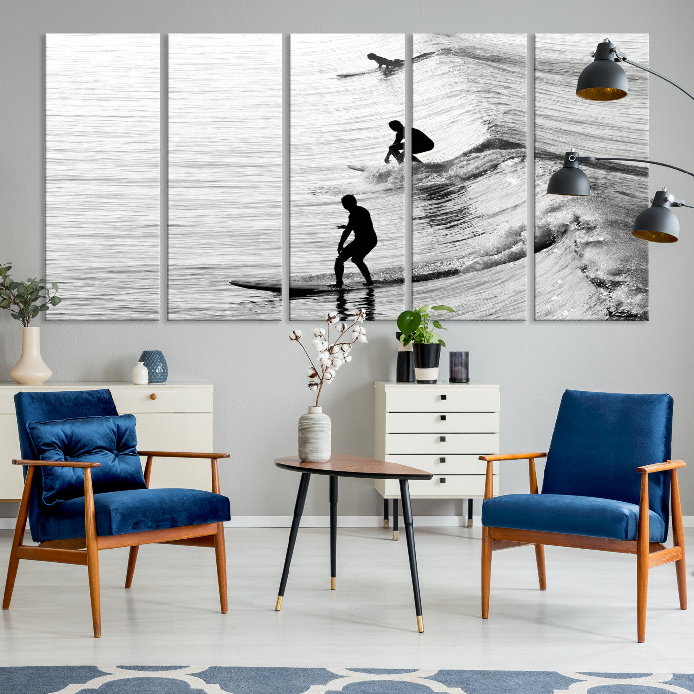 -Surfers on Waves Wall Art Canvas Print, Framed Black White Surf Art Picture Print, Monochrome Ocean