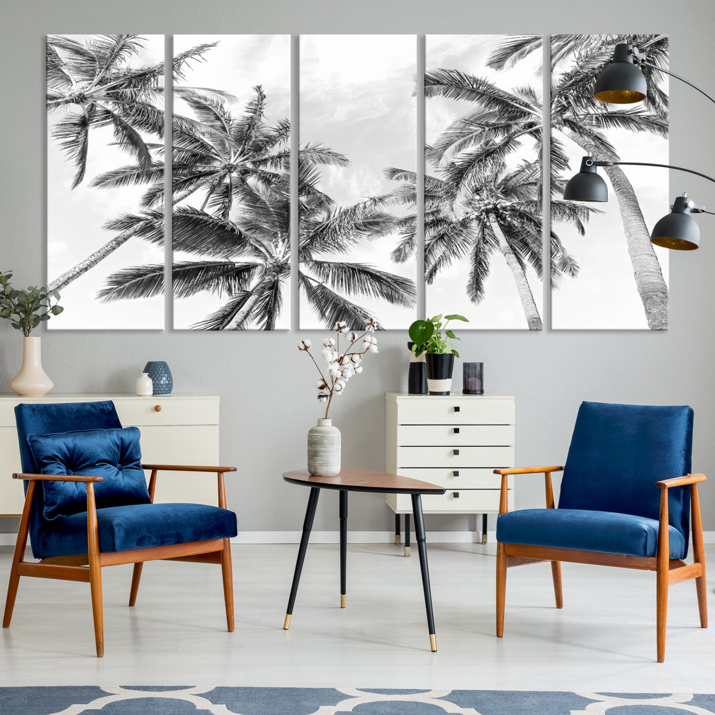 62113786-MGV-CV-36X24-Black and White Palm Wall Art Canvas Print – Framed Monochrome Tropical Beach Scene Artwork for Modern Home, Office Decor