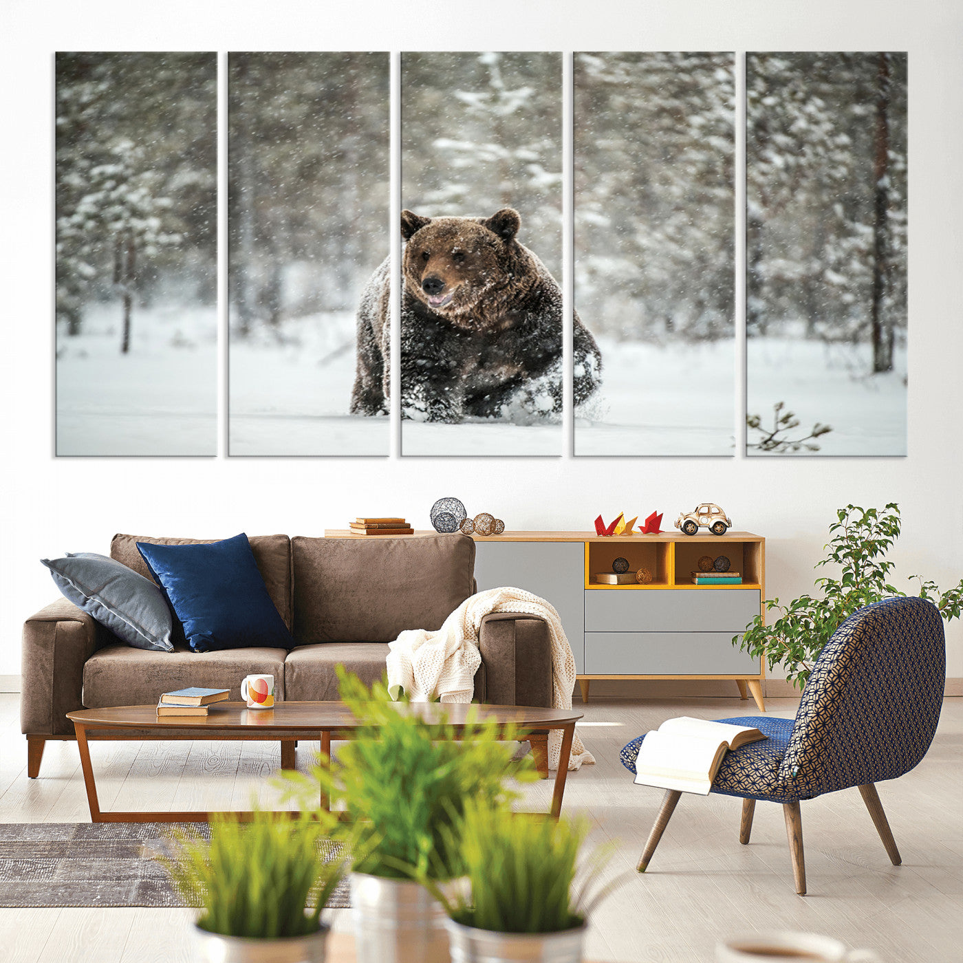 43350-MGV-CV-60X31-5P-Wall Art Canvas Print – Grizzly Bear in Snowy Forest Powerful Presence Snowy Wilderness Wild Beauty For Guest Room, Office, Home, Study Room.