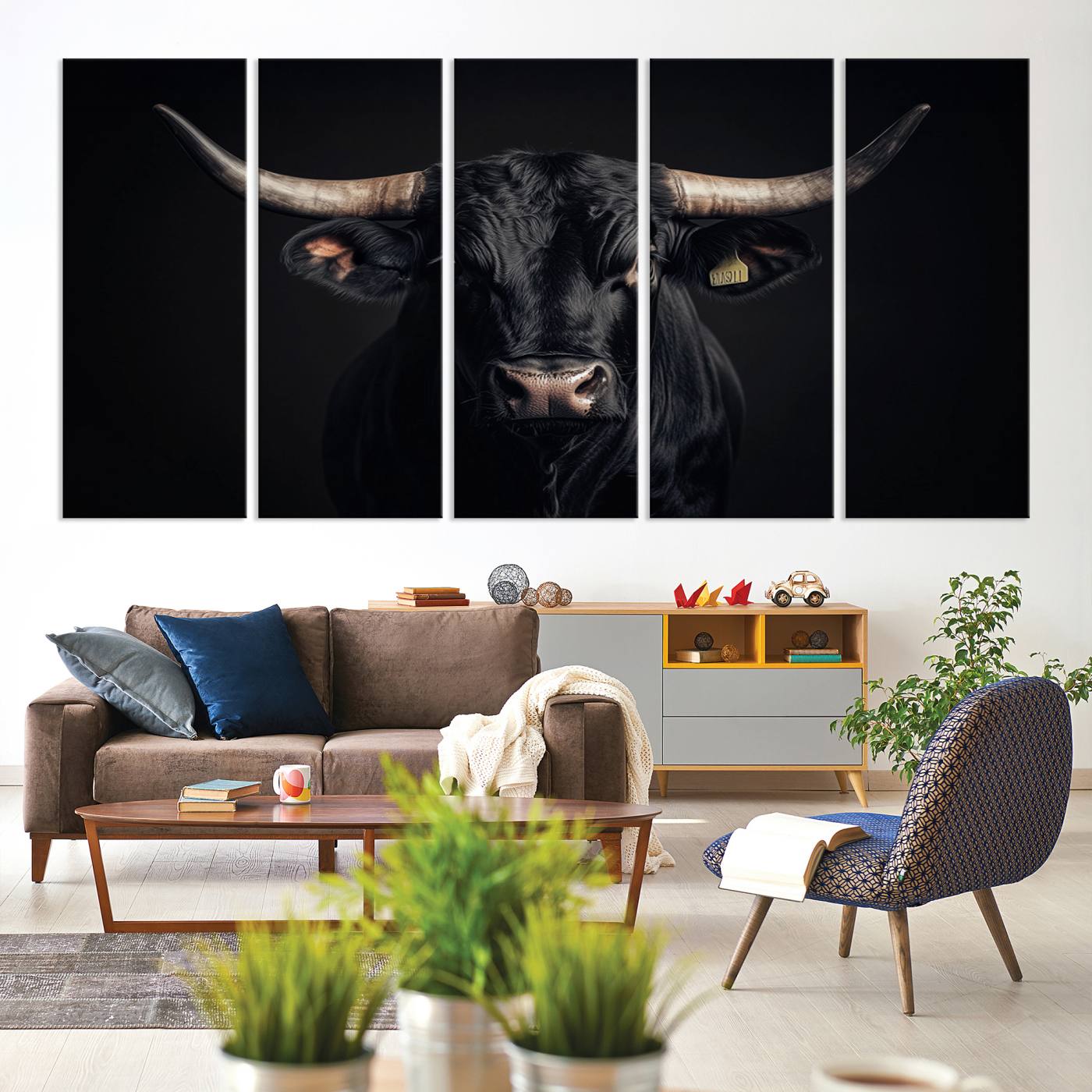 Canvas featuring a black horned bull in moody lighting on a dark background, perfect for western or rustic farmhouse-style home decor.