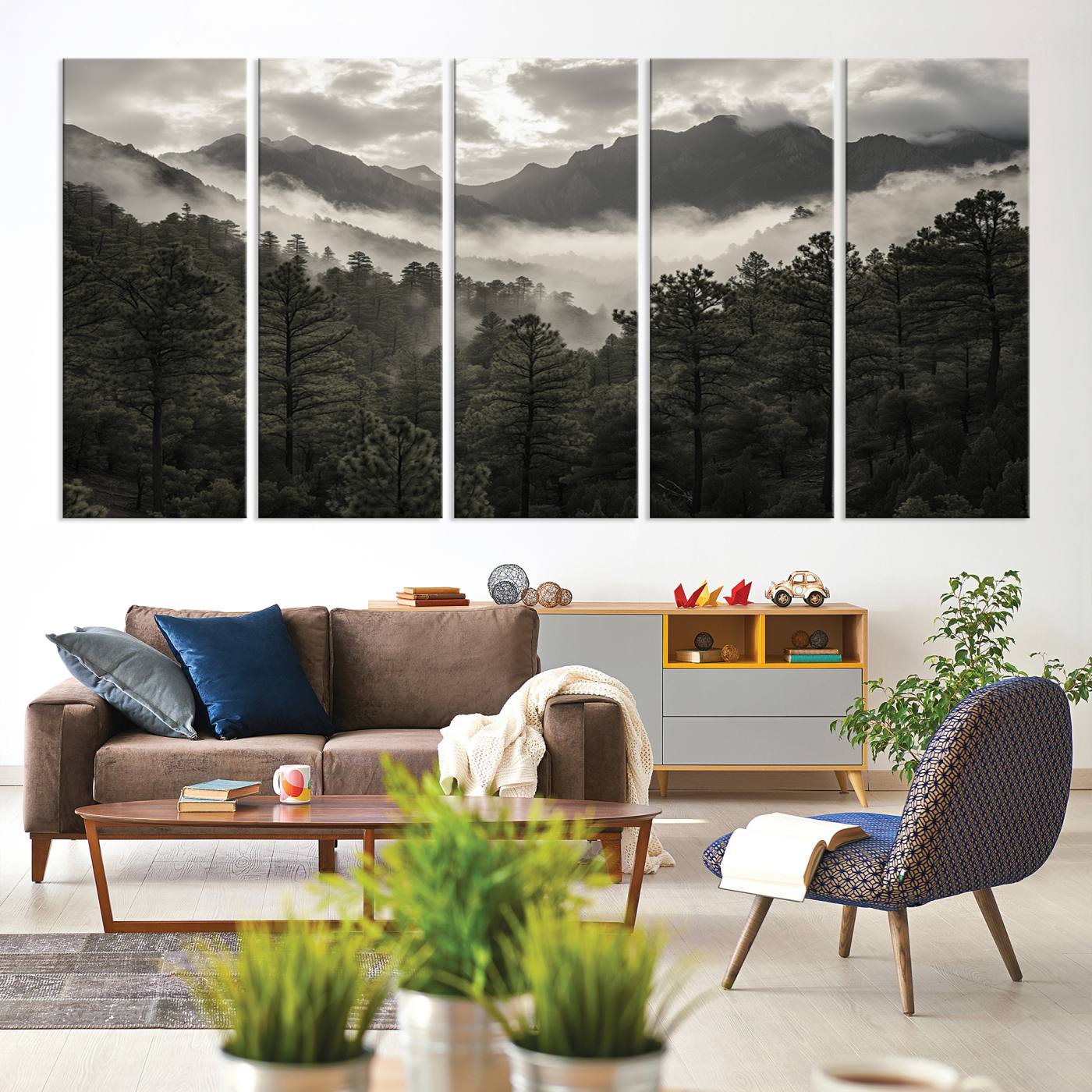 Canvas of moody pine forest and foggy mountain peaks under overcast skies, ideal for calm and rustic woodland-themed home decor.