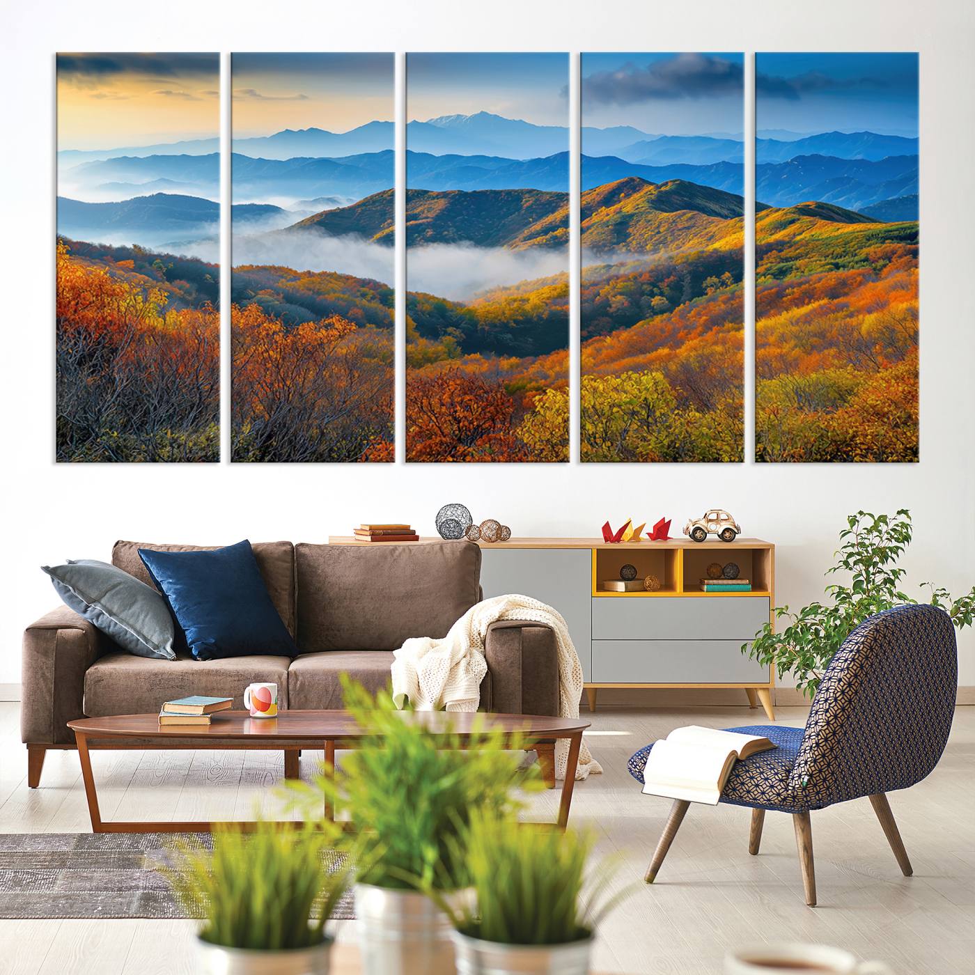 86772247-MGV-CV-60X31-5P-Autumn Mountains Wall Art Canvas Print, Autumn Mountain Foggy Landscape Wall Art Canvas Print,
