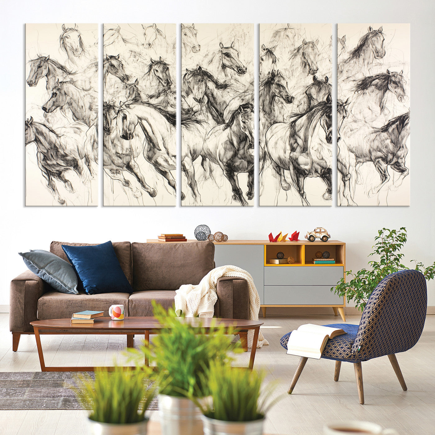 19433417-MGV-CV-60X31-5P-Running Horses Wall Art Canvas Print – Framed Galloping Herd Dynamic Equestrian Sketch Nature Artwork for Home Office