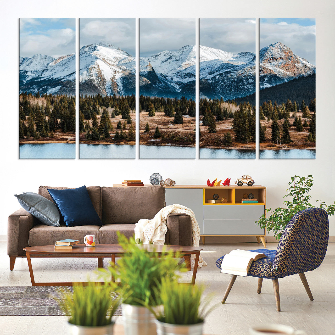 36247746-MGV-CV-60X31-5P-Snowy Peaks Wall Art Canvas Print, Framed Alpine Lake Art Picture Print, Pine Forest Perfect Alpine