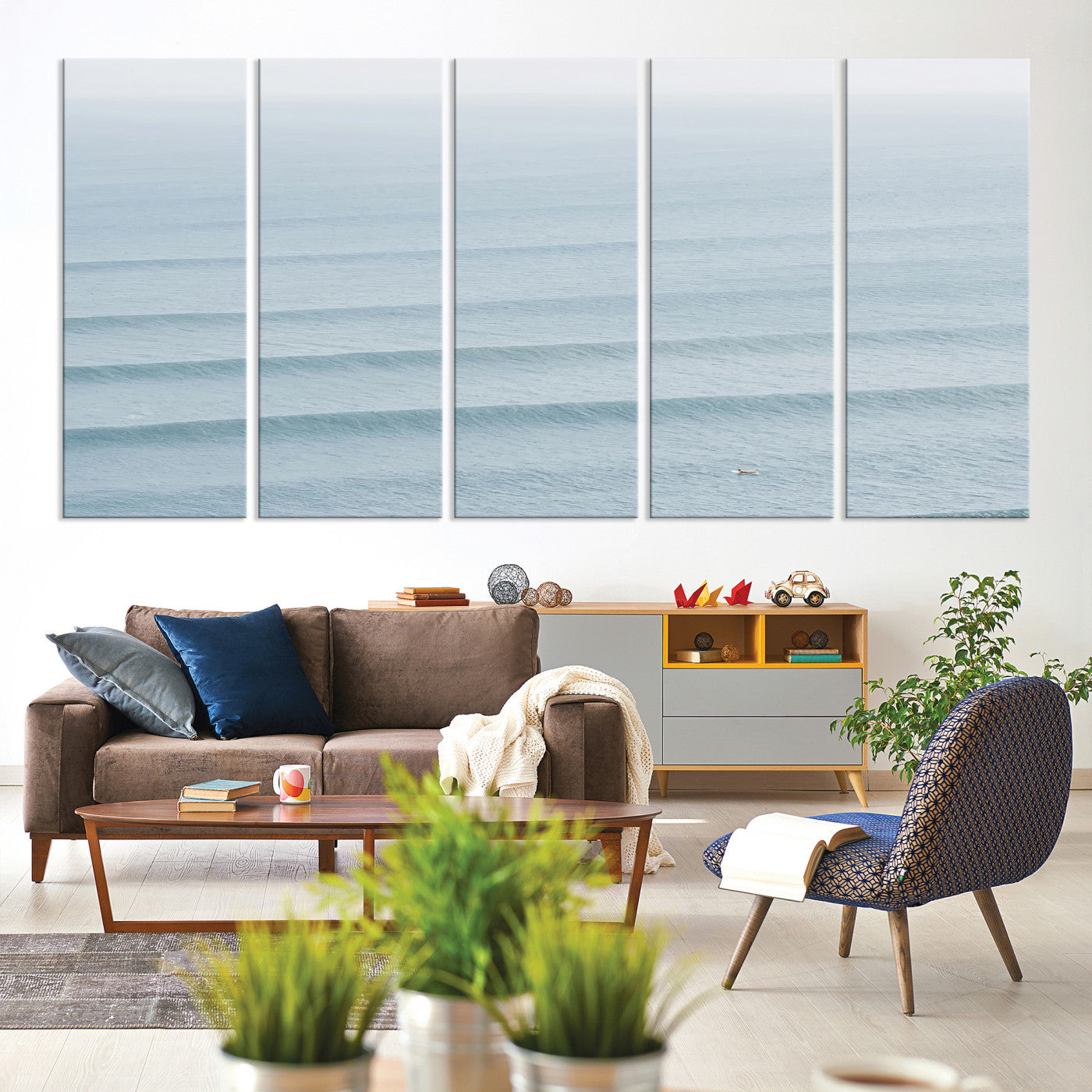 47814787-MGV-CV-60X31-5P-Ocean Waves Wall Art Canvas Print, Framed Solo Surfer Art Picture Print, Wave Lines Perfect