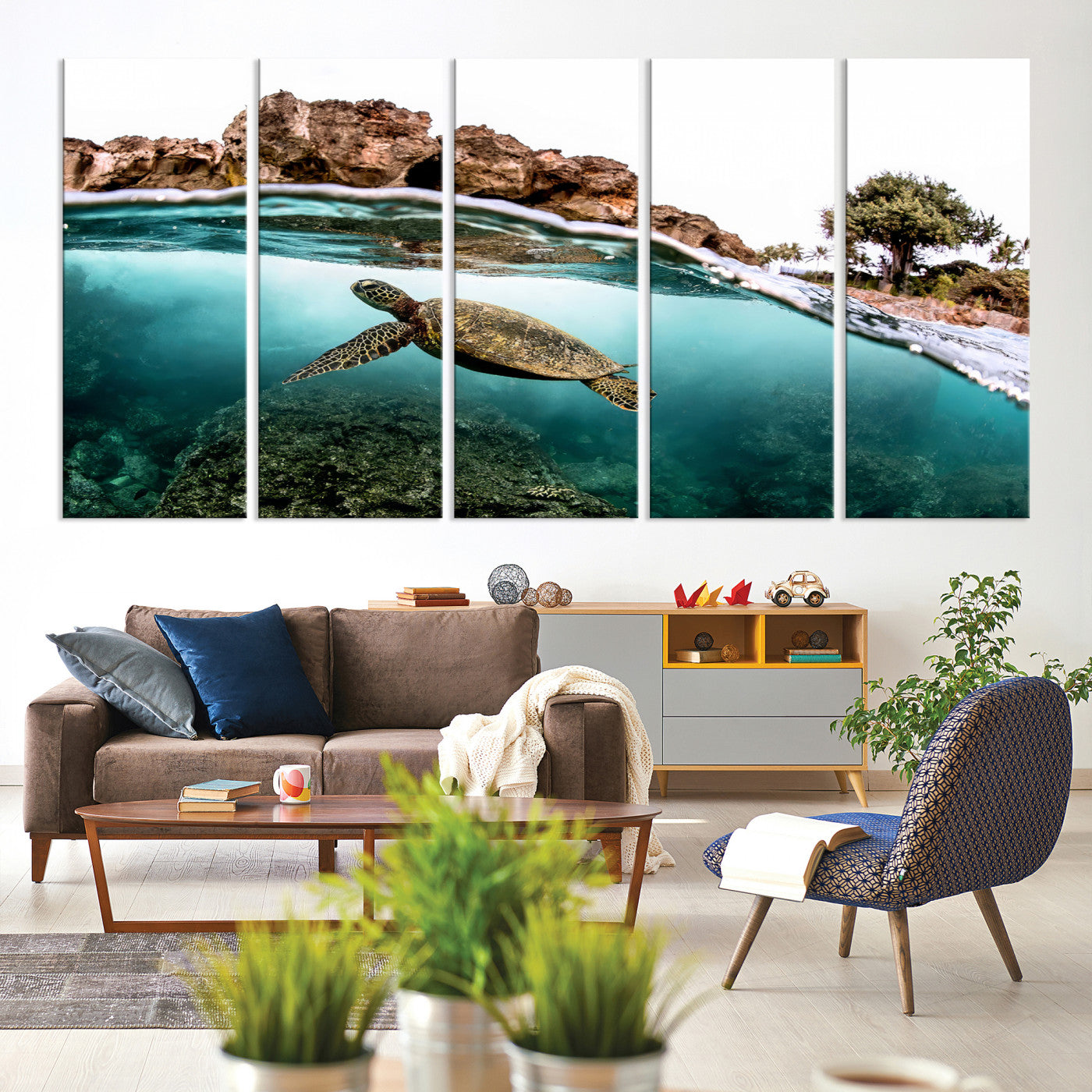 44200301-MGV-CV-60X31-5P-Sea Turtle Wall Art Canvas Print, Framed Ocean Life Art Picture Print, Tropical Perfect Coastal