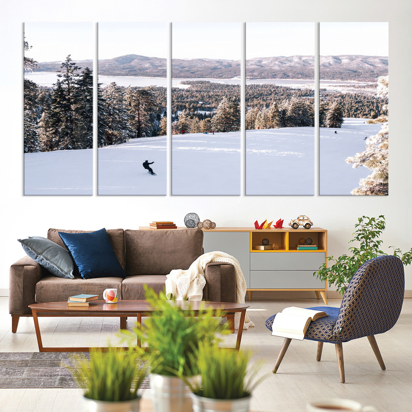 79857868-MGV-CV-60X31-5P-Snowy Mountain Wall Art Canvas Print, Framed Ski Slope Art Picture Print, Winter Forest Perfect
