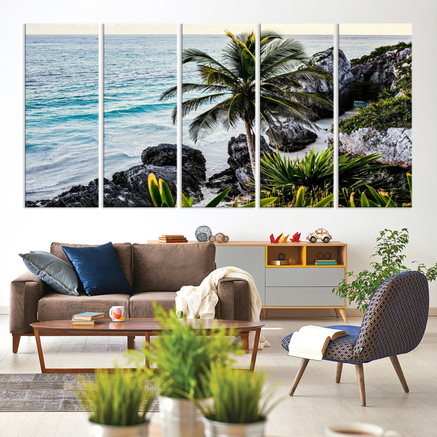 94669907-MGV-CV-60X31-5P-Tropical Coastline Wall Art Canvas Print – Framed Palm Tree and Rocky Beach Scene Artwork for Home, Office Decor