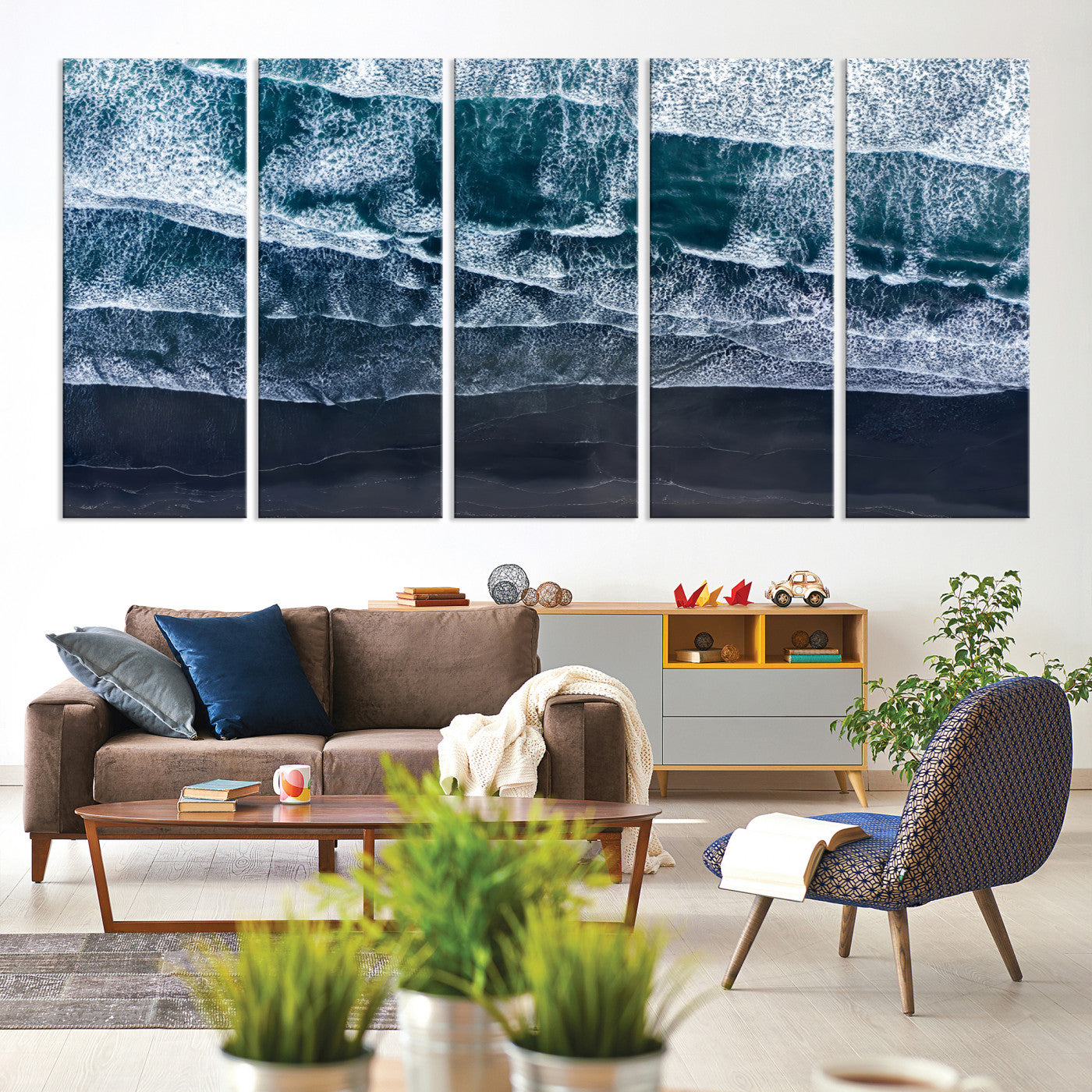 87941475-MGV-CV-60X31-5P-Black Beach Wall Art Canvas Print – Framed Aerial Ocean View Moody Coastal Seascape Nature Artwork for Home Office