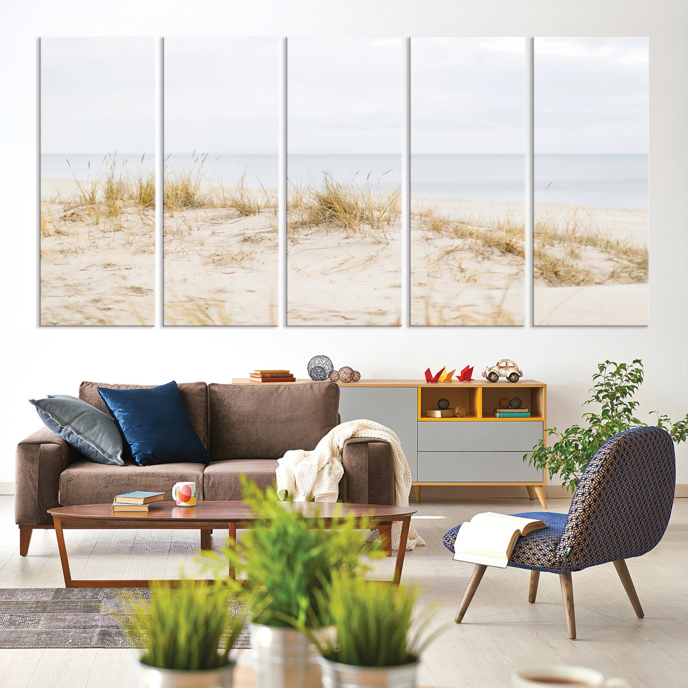 13146857-MGV-CV-60X31-5P-Beach Dunes Wall Art Canvas Print, Framed Coastal Grass Art Picture Print, Sand Perfect Minimalist