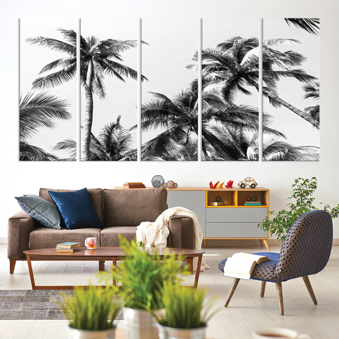 46641801-MGV-CV-60X31-5P-Palm Wall Art Canvas Print, Framed Tropics Art Picture Print, Monochrome Perfect Minimalist Decor