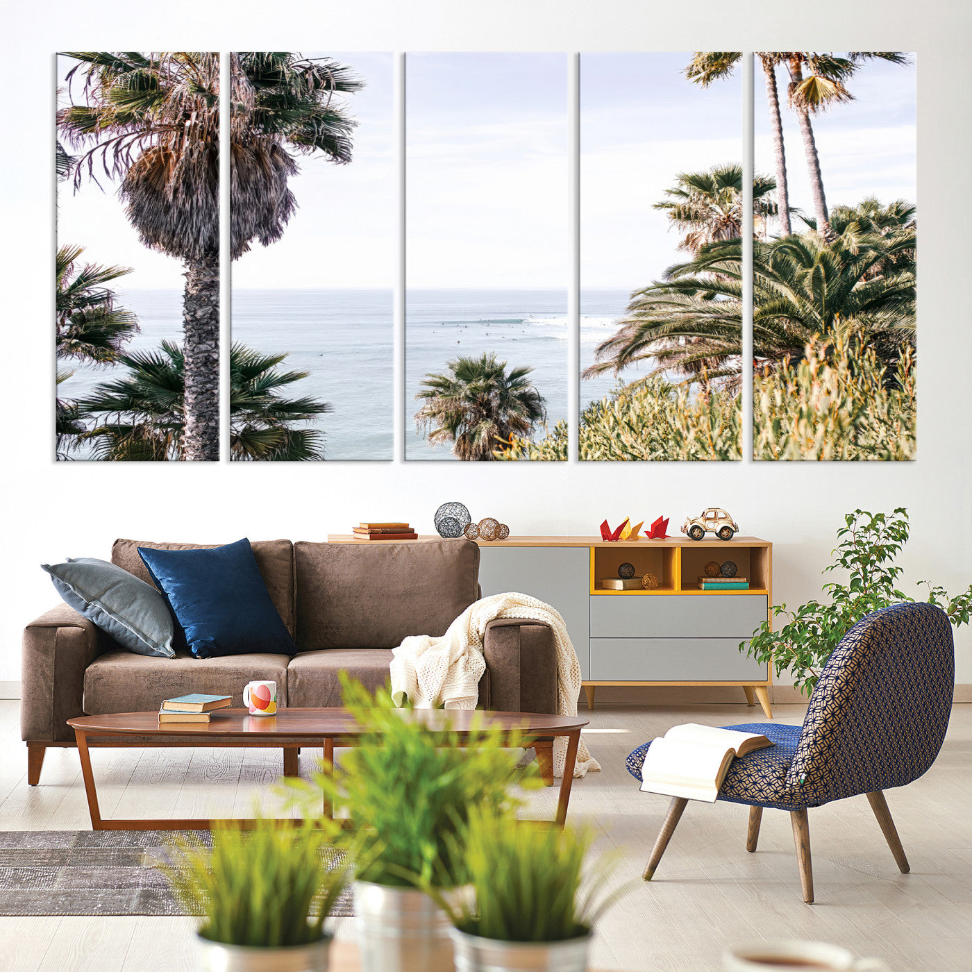 51404565-MGV-CV-60X31-5P-Coastal Palm Trees Wall Art Canvas Print – Framed Ocean Breeze Tropical Scene Artwork for Relaxing Home, Office Decor