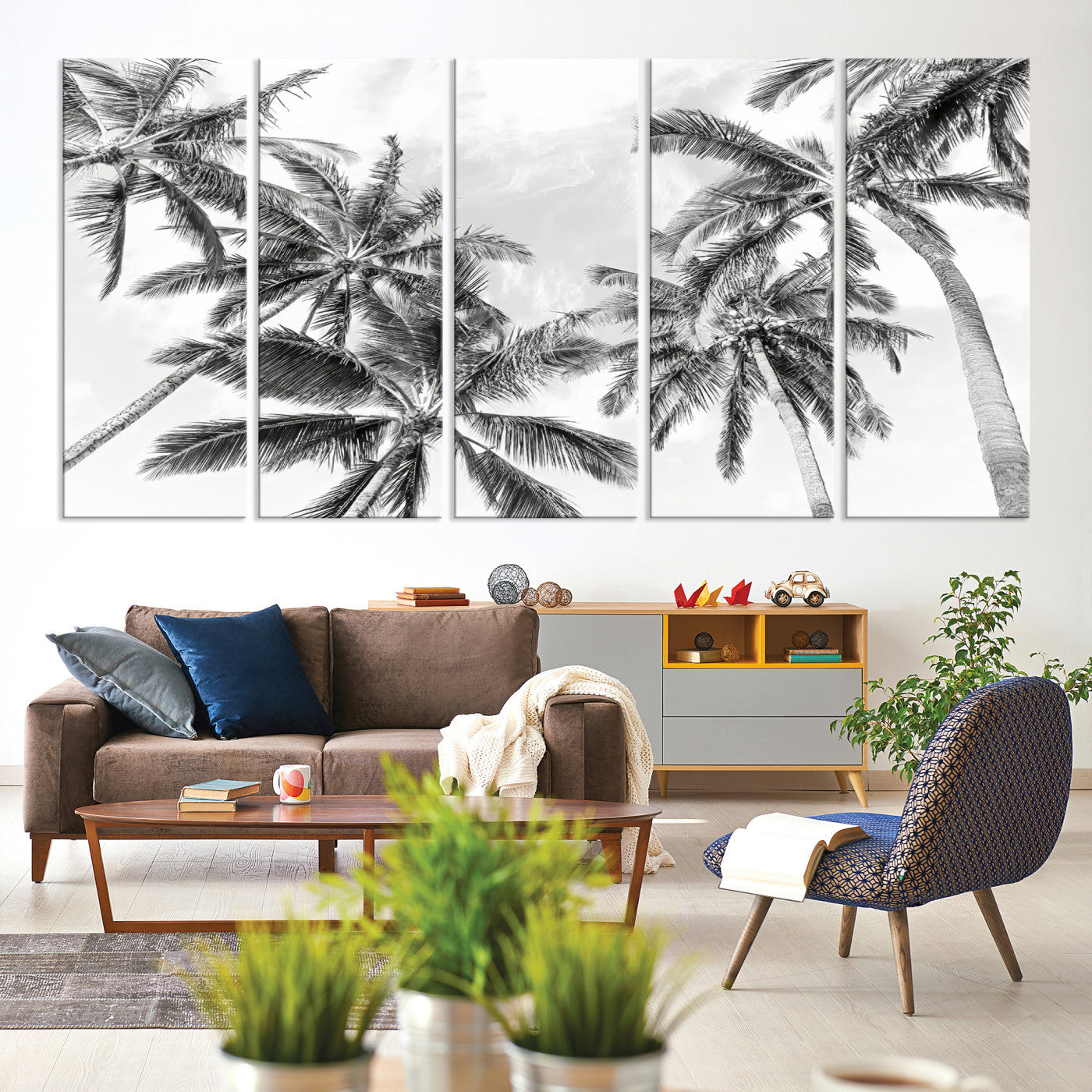 62113786-MGV-CV-60X31-5P-Black and White Palm Wall Art Canvas Print – Framed Monochrome Tropical Beach Scene Artwork for Modern Home, Office Decor
