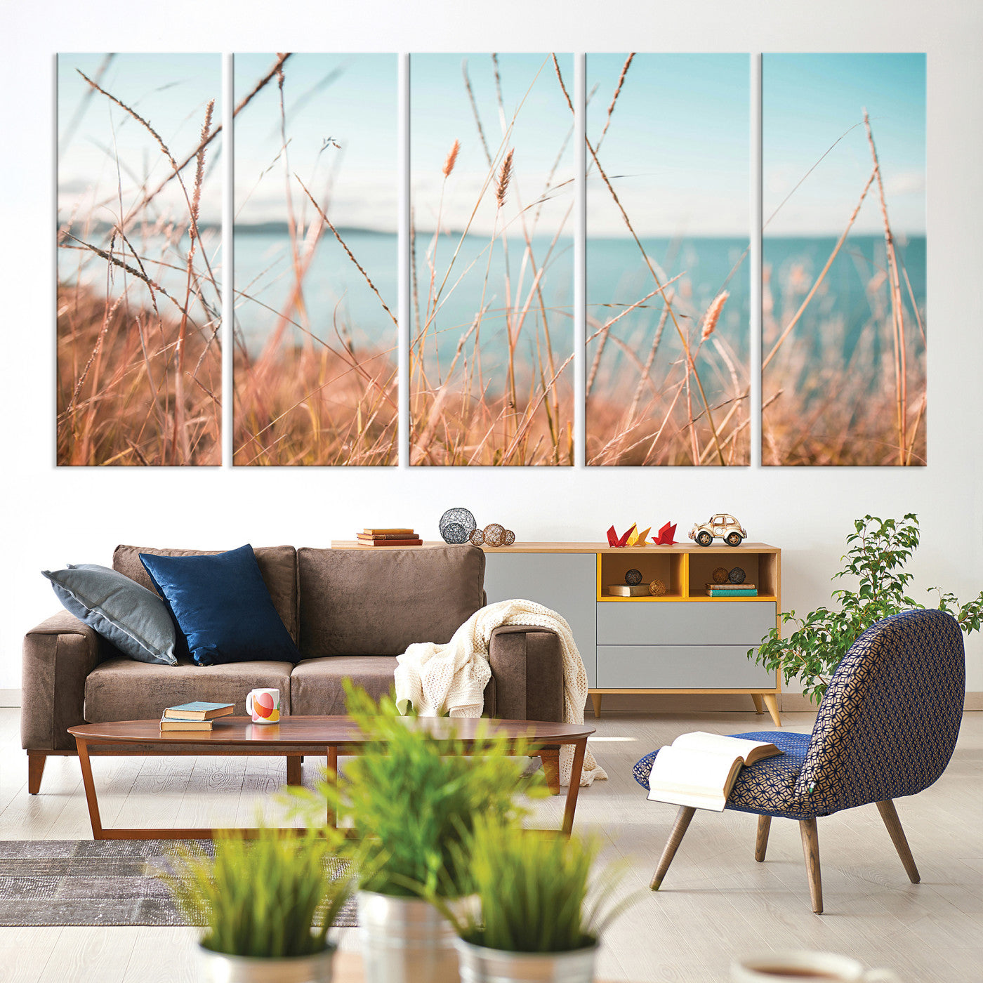 36108696-MGV-CV-60X31-5P-Coastal Grass Landscape Wall Art Canvas Print – Golden Shoreline Nature Scene Serene Ocean View Artwork for Home Office