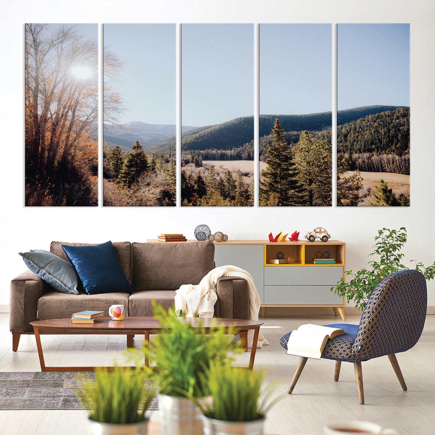 52941305-MGV-CV-60X31-5P-Rustic Landscape Wall Art Canvas Print – Serene Valley Scene Pine Tree Horizon Nature Artwork for Home Office