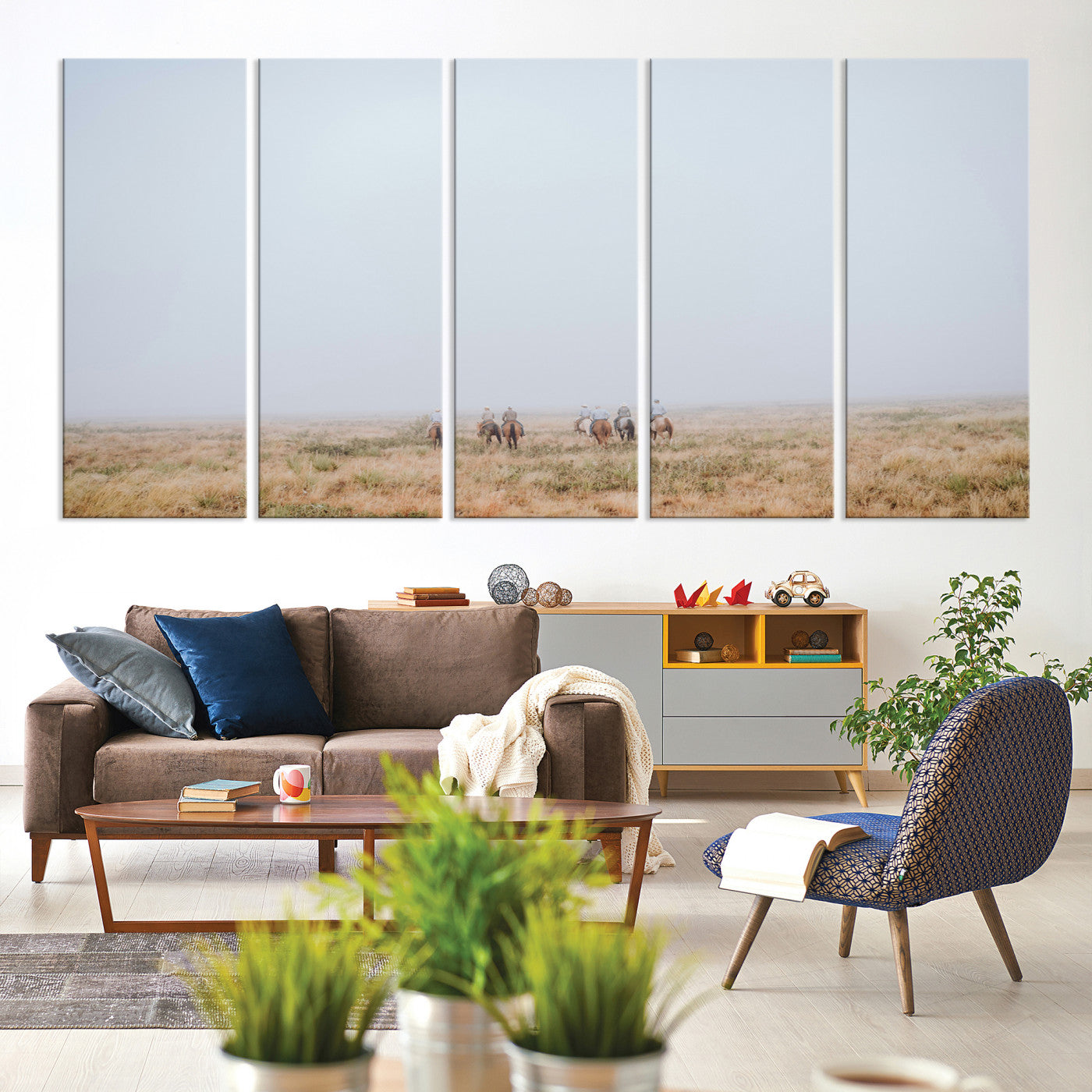 14761944-MGV-CV-60X31-5P-Foggy Plains Wall Art Canvas Print – Framed Horseback Riders Rustic Western Landscape Scene Artwork for Home Office