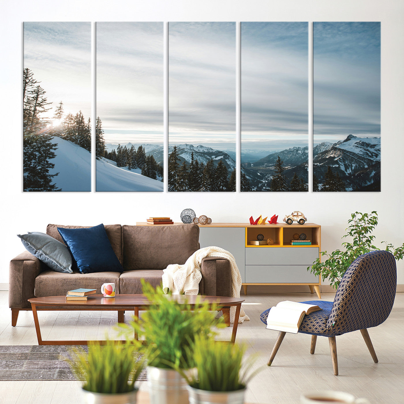 55564749-MGV-CV-60X31-5P-Snowy Mountain Wall Art Canvas Print – Frosty Peaks Alpine Landscape Winter Sky Nature Photography Artwork for Home Office