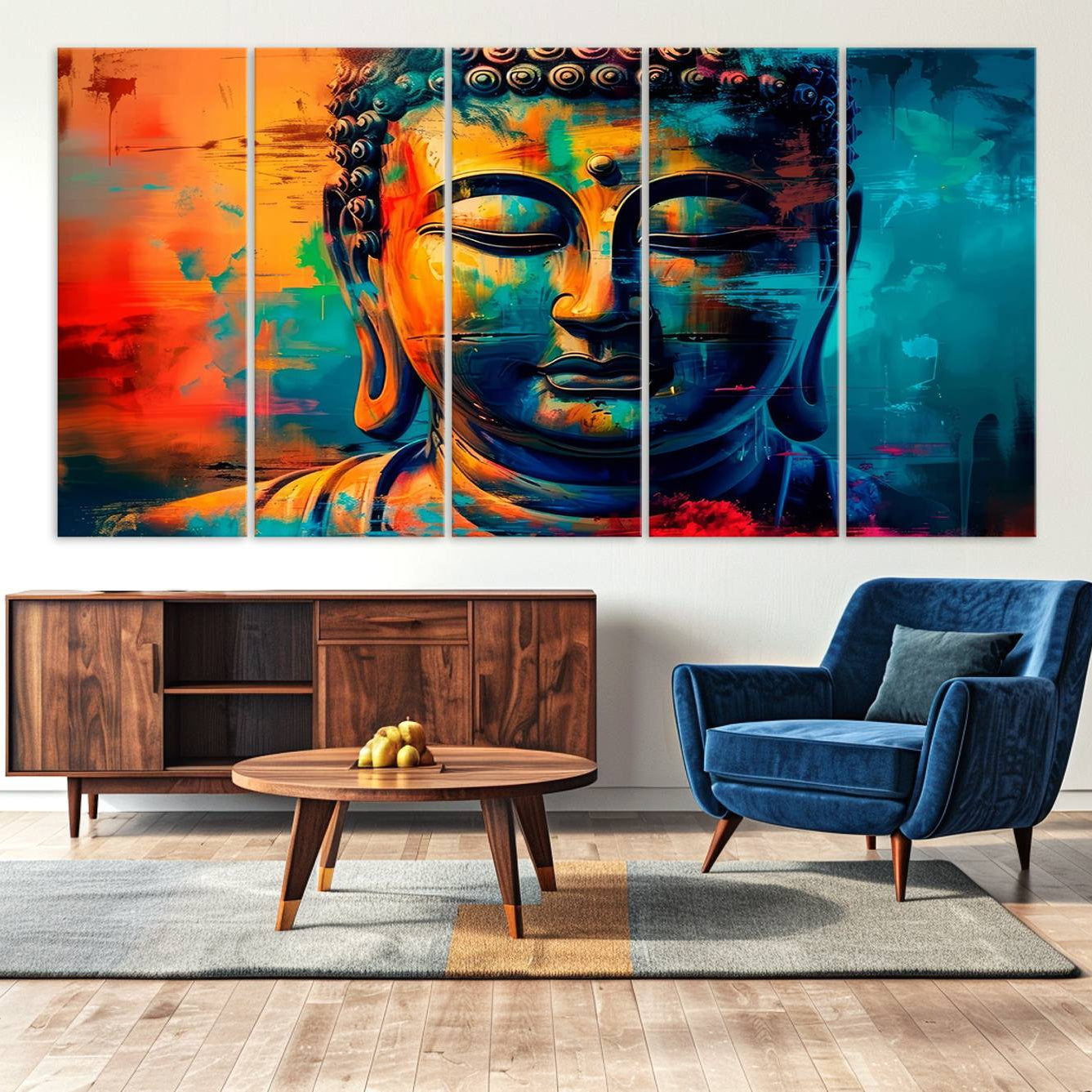 A vibrant, abstract artistic rendition of a Buddha statue face, blending bold and contrasting colors to evoke a sense of peace, spirituality, and enlightenment.