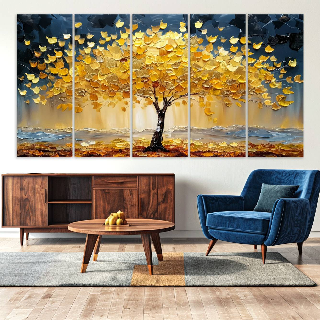 A stunning impasto painting captures the golden hues of autumn with a vibrant tree glowing against a dramatic blue and brown backdrop.