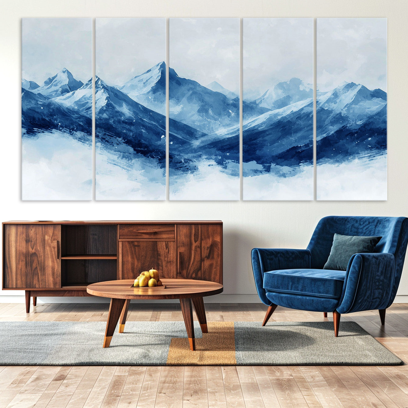 Peaceful watercolor-style painting of snowy blue mountains in soft tones, perfect for winter-themed or minimalist wall decor.