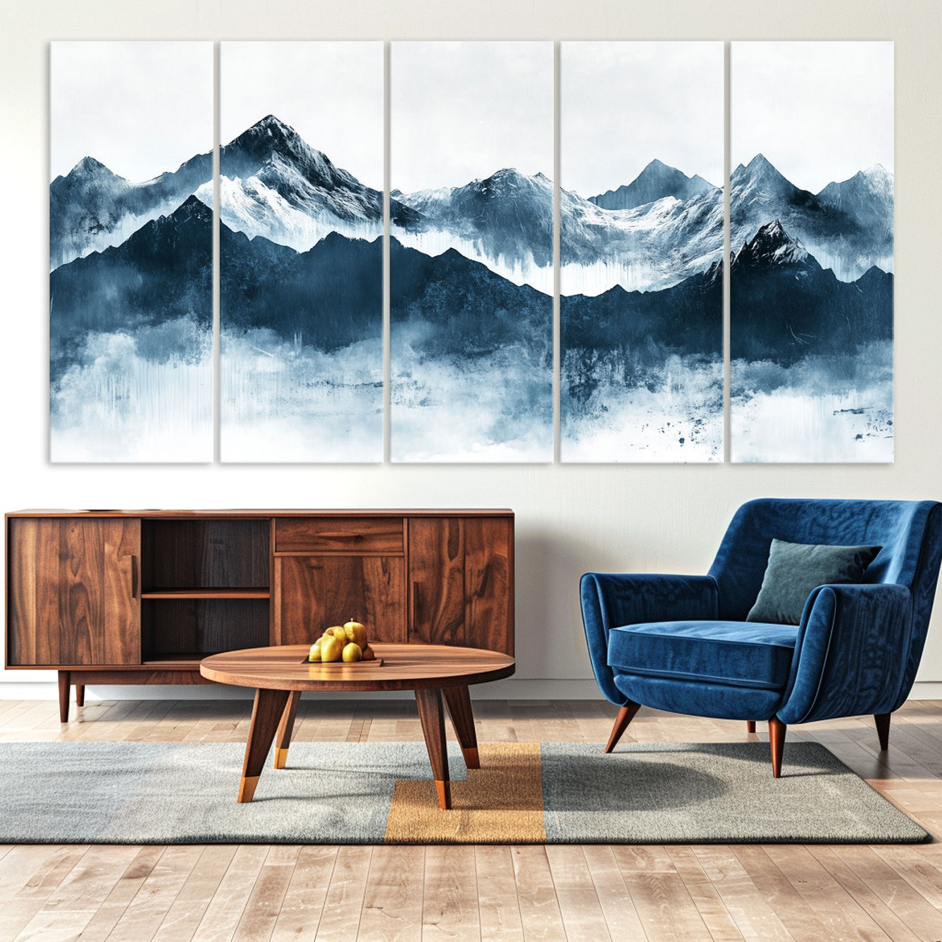 Abstract blue-toned canvas of snowy mountains in misty tones, ideal for minimalist or moody alpine-inspired home decor.