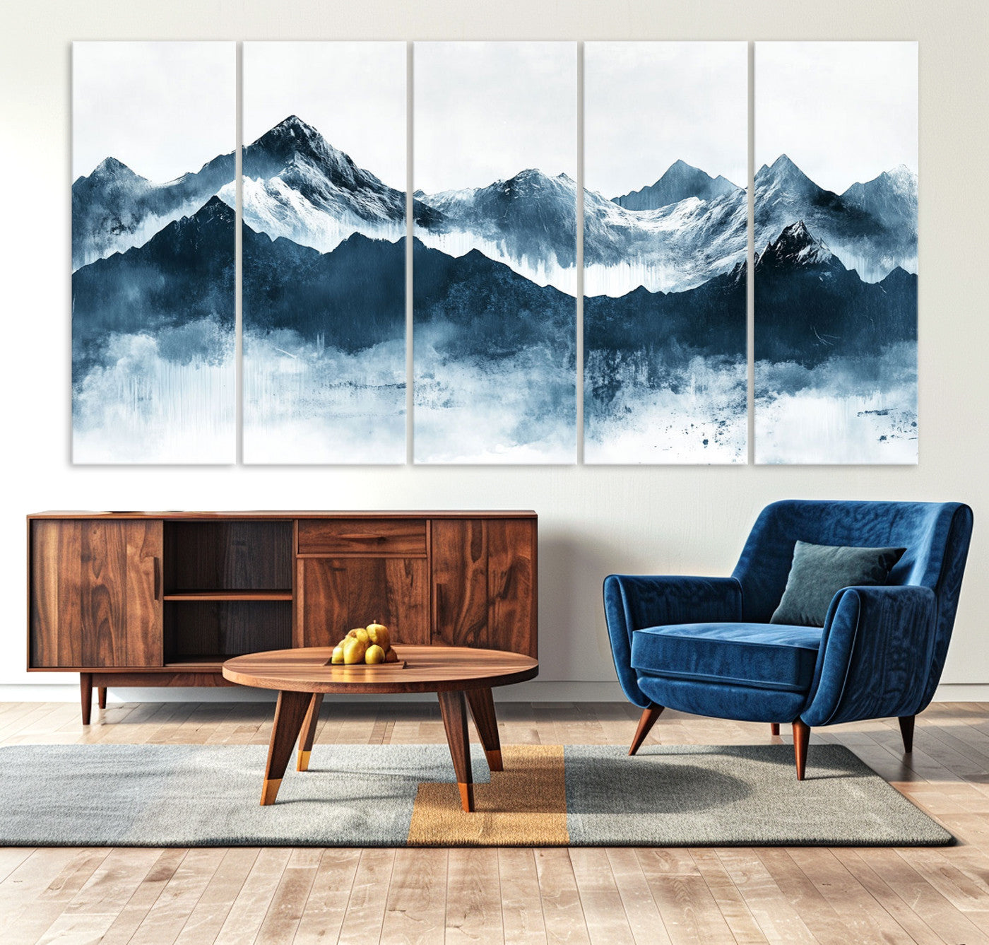 Abstract blue-toned canvas of snowy mountains in misty tones, ideal for minimalist or moody alpine-inspired home decor.