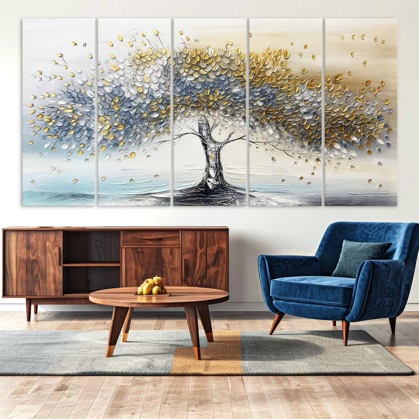 Canvas of a silver and gold textured tree with a soft neutral background, ideal for elegant and minimalist home decor styles.