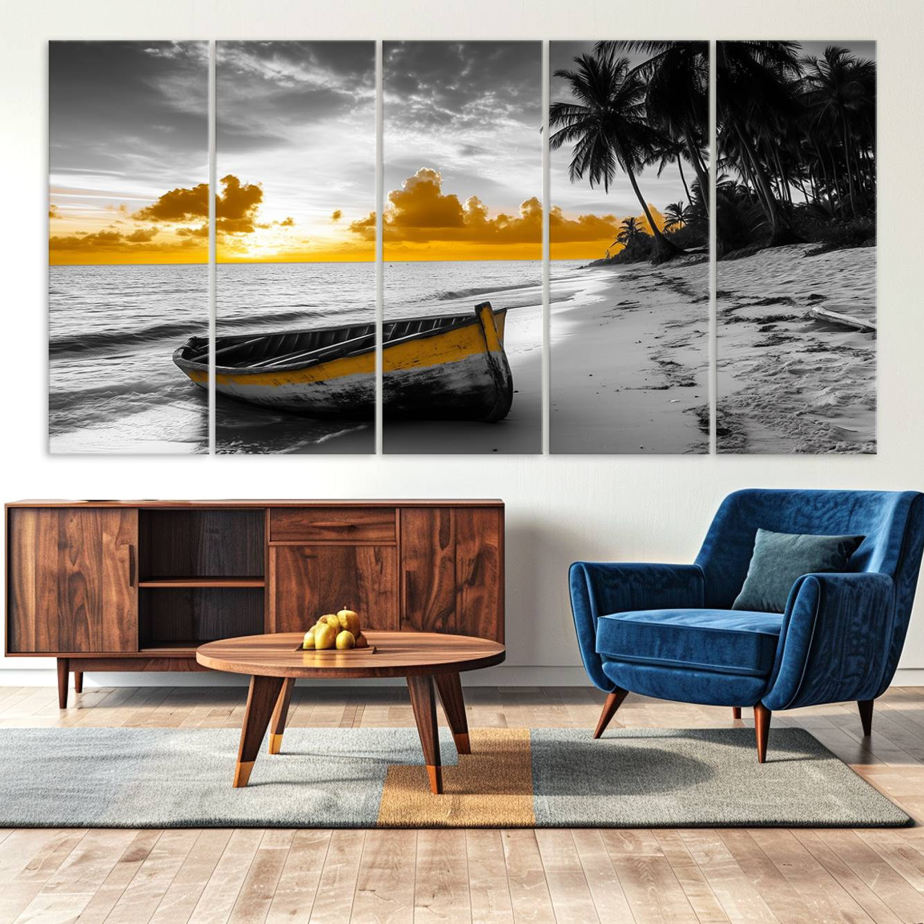 Canvas of a yellow rowboat on a black and white tropical beach with golden sunset sky, ideal for coastal or tropical-themed home decor.