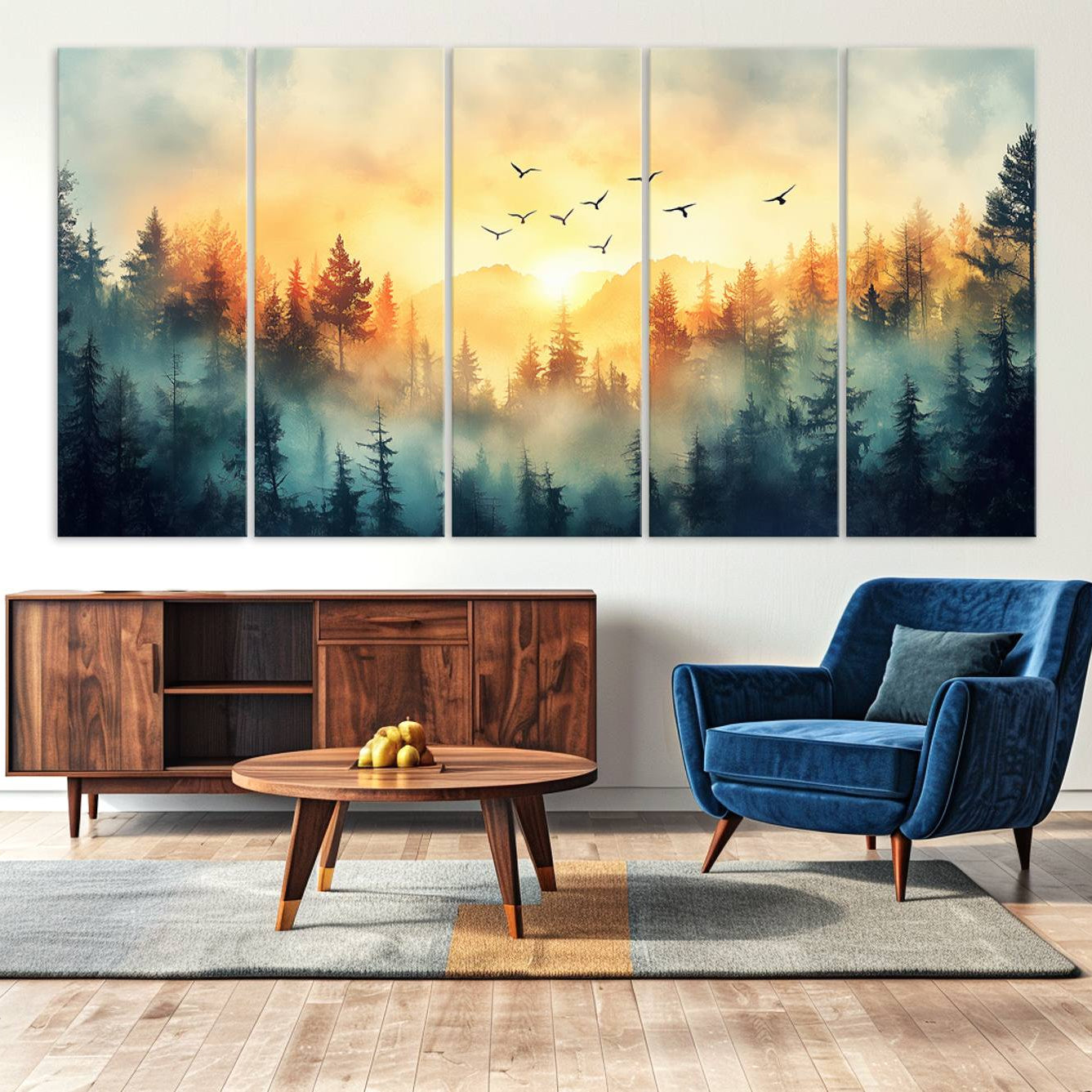 Canvas of a misty pine forest at sunrise with golden light and birds flying across the sky, perfect for tranquil nature-themed wall decor.