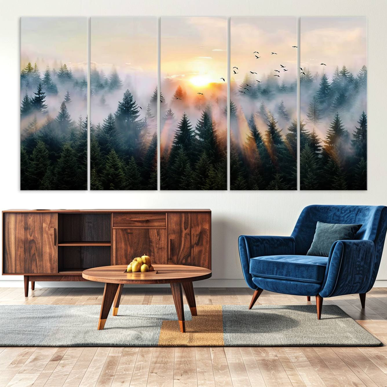 Canvas of a misty pine forest at sunrise with birds flying through golden morning rays, perfect for serene and moody woodland-style home decor.