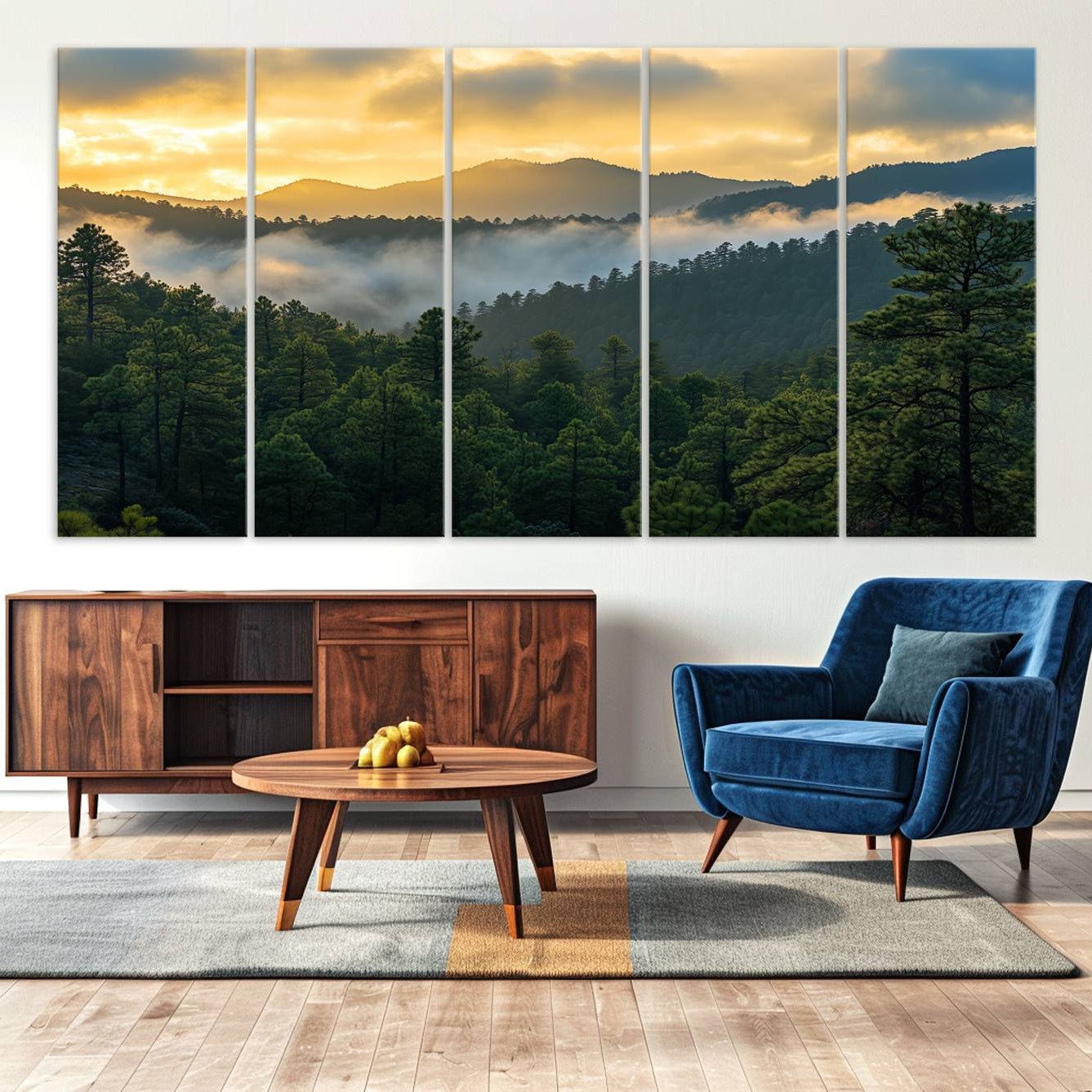 Canvas of misty pine-covered mountains at sunrise, featuring golden light and fog layers, ideal for tranquil earthy home decor.