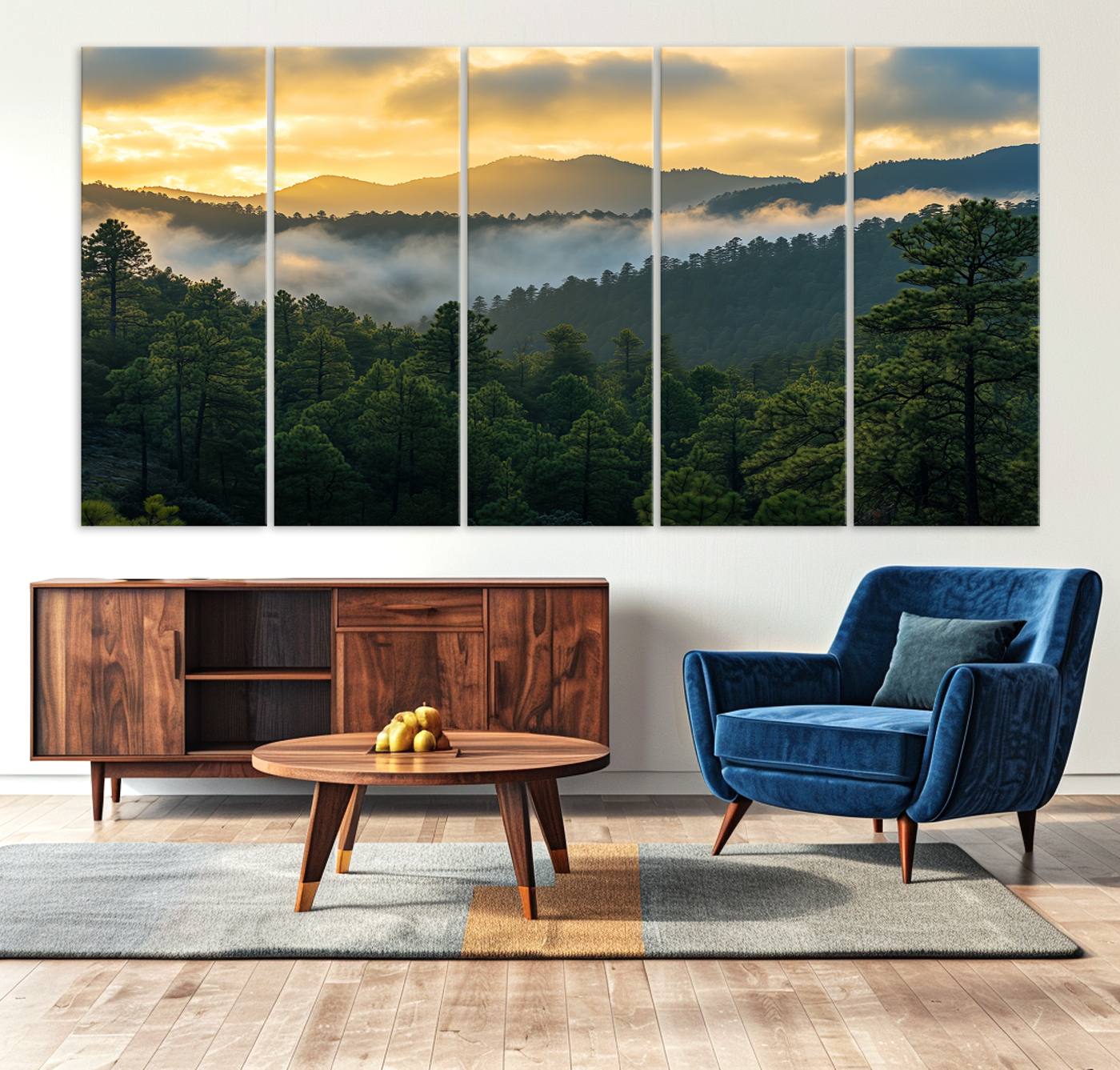 Canvas of misty pine-covered mountains at sunrise, featuring golden light and fog layers, ideal for tranquil earthy home decor.