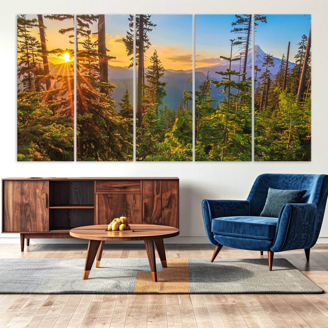 -Forest Sunset Wall Art Canvas Print, Framed Sunset Trees Art Picture Print, Green Pines Perfect