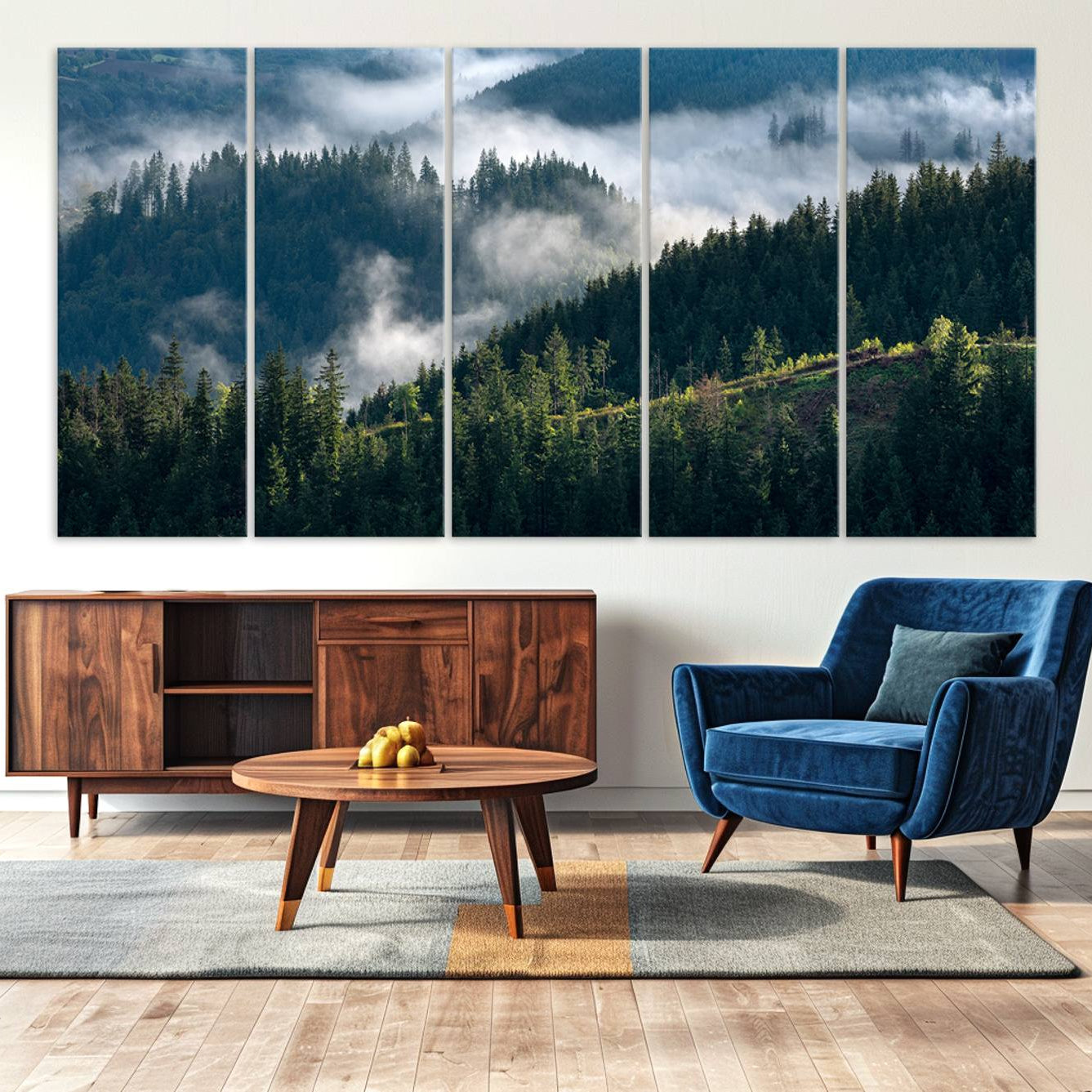 -Misty Forest Wall Art Canvas Print, Framed Pine Hills Art Picture Print, Misty Forest Print,