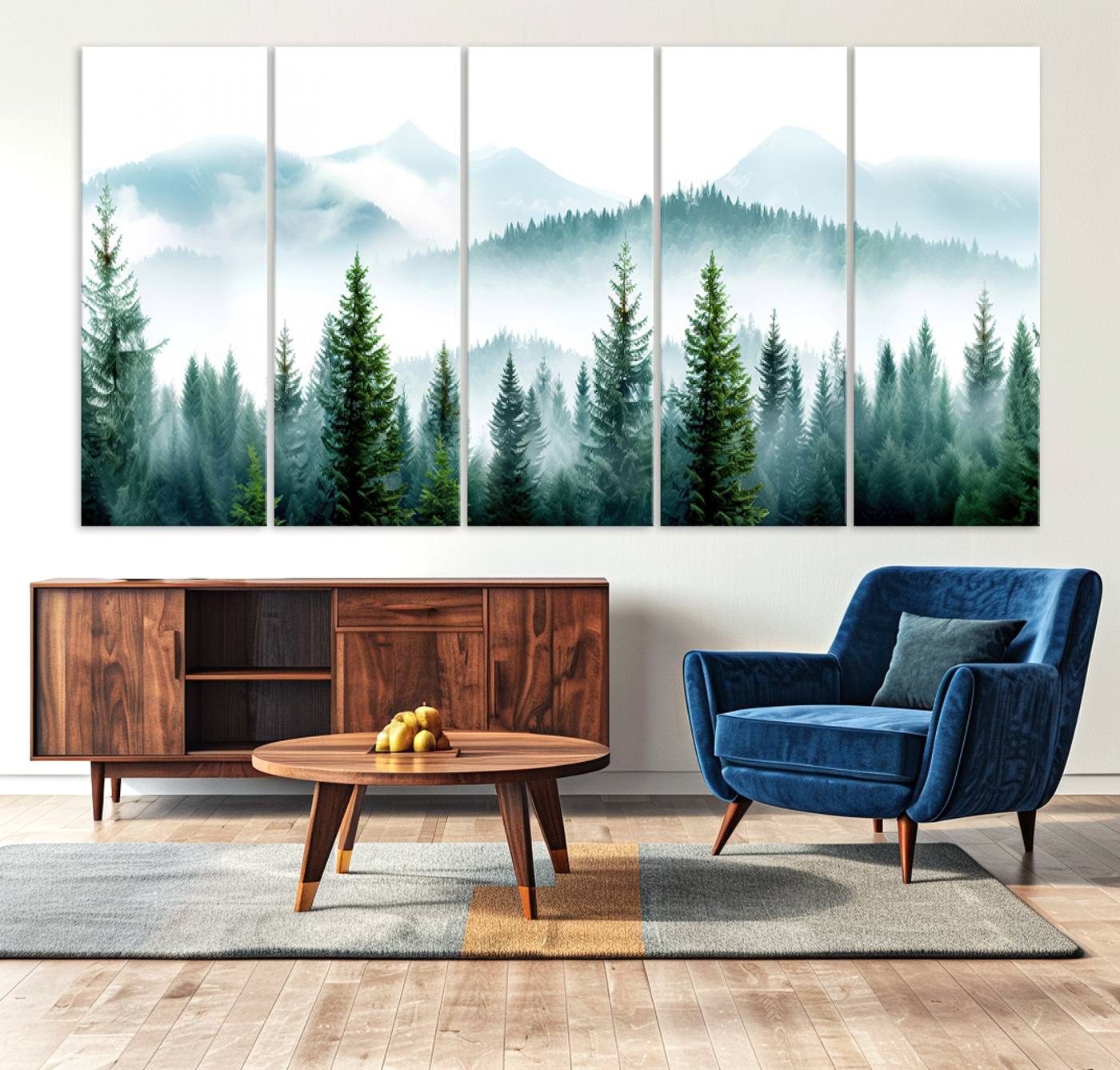 16716676-MGV-CV-36X24-Pine Forest Wall Art Canvas Print – Misty Mountains Foggy Trees Serene Woodland Nature Artwork for Home Office