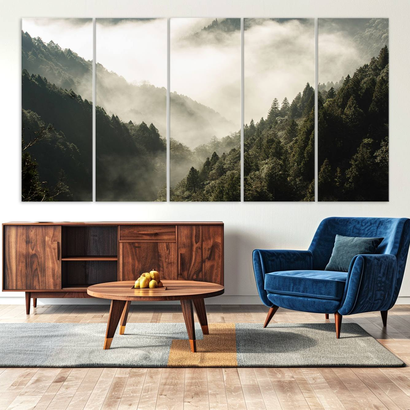 -Misty Valley Canvas Print, Framed Foggy Forest Art Picture Print, Pine Trees Perfect Moody Woodland