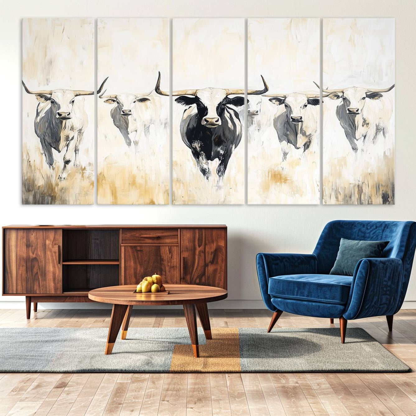 -Texas Longhorn Canvas Print, Framed Rustic Herd Art Picture Print, Western Bull Perfect Neutral