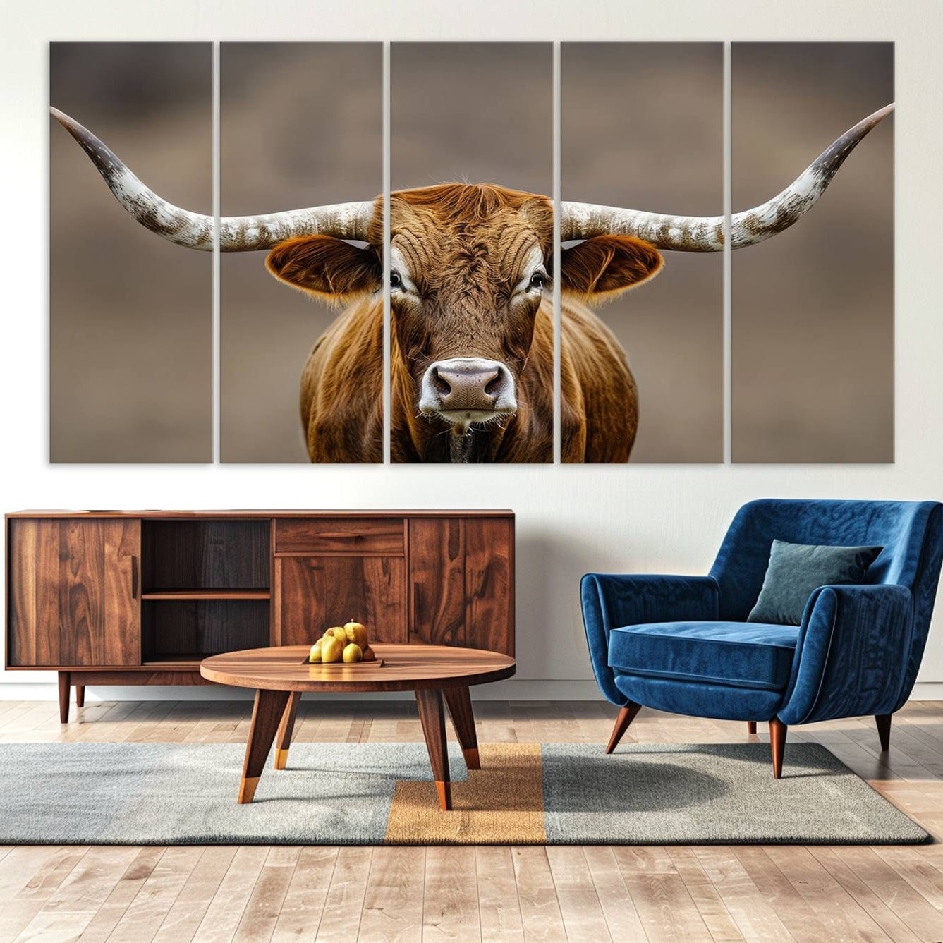 -Texas Longhorn Wall Art Canvas Print, Framed Brown Bull Art Picture Print, Lone Cattle Perfect