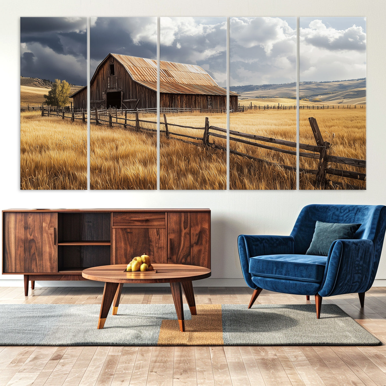 38758826-MGV-CV-36X24-Rustic Barn Wall Art Canvas Print – Framed Moody Barn Golden Field Countryside Farmhouse Landscape Artwork for Home Office