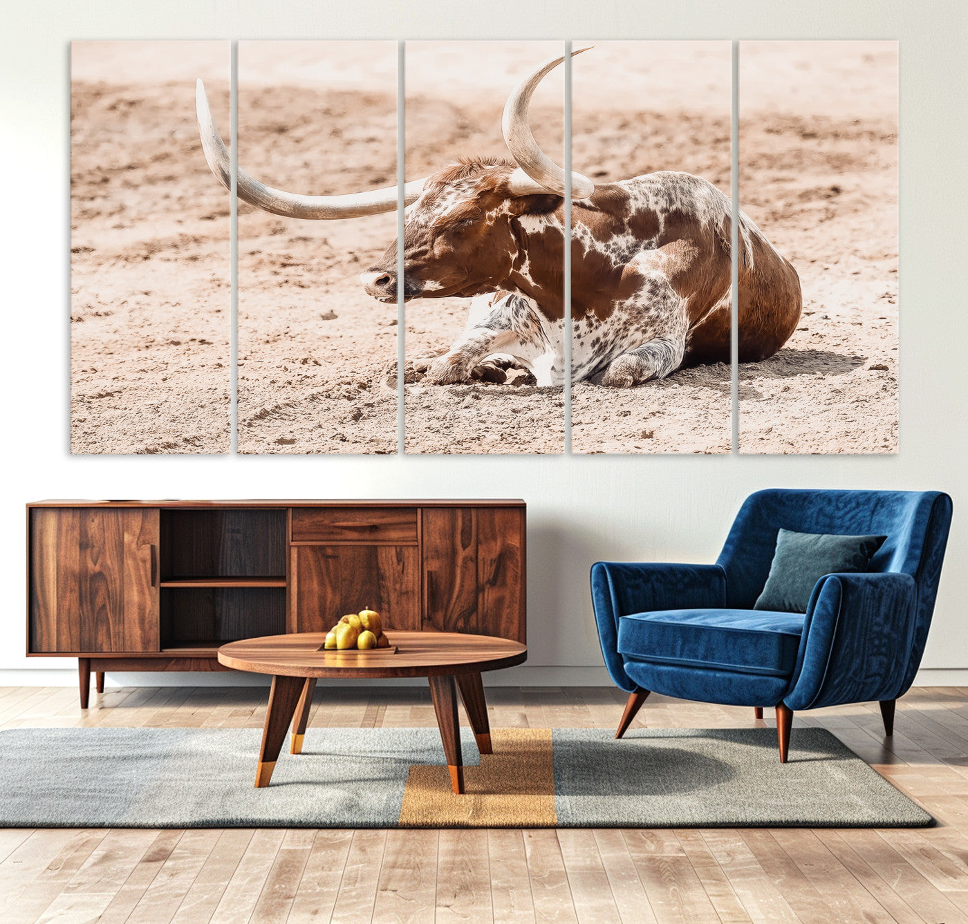 91248682-MGV-CV-36X24-Texas Longhorn Wall Art Canvas Print – Framed Resting Bull Spotted Cattle Western Ranch Animal Artwork for Home Office