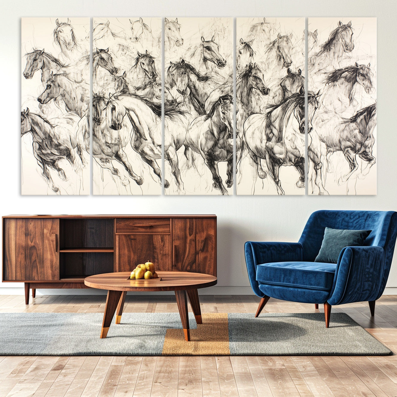 19433417-MGV-CV-36X24-Running Horses Wall Art Canvas Print – Framed Galloping Herd Dynamic Equestrian Sketch Nature Artwork for Home Office